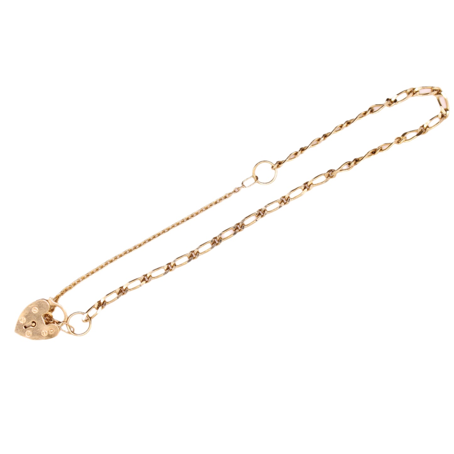 Vintage 9kt Yellow Gold English Figaro Etched Heart Locket Charm Bracelet