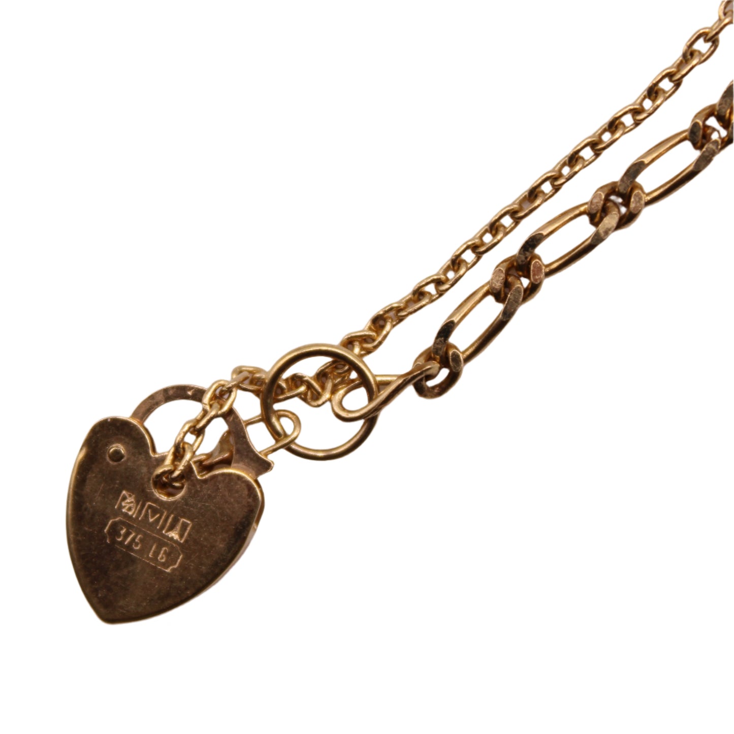 Vintage 9kt Yellow Gold English Figaro Etched Heart Locket Charm Bracelet