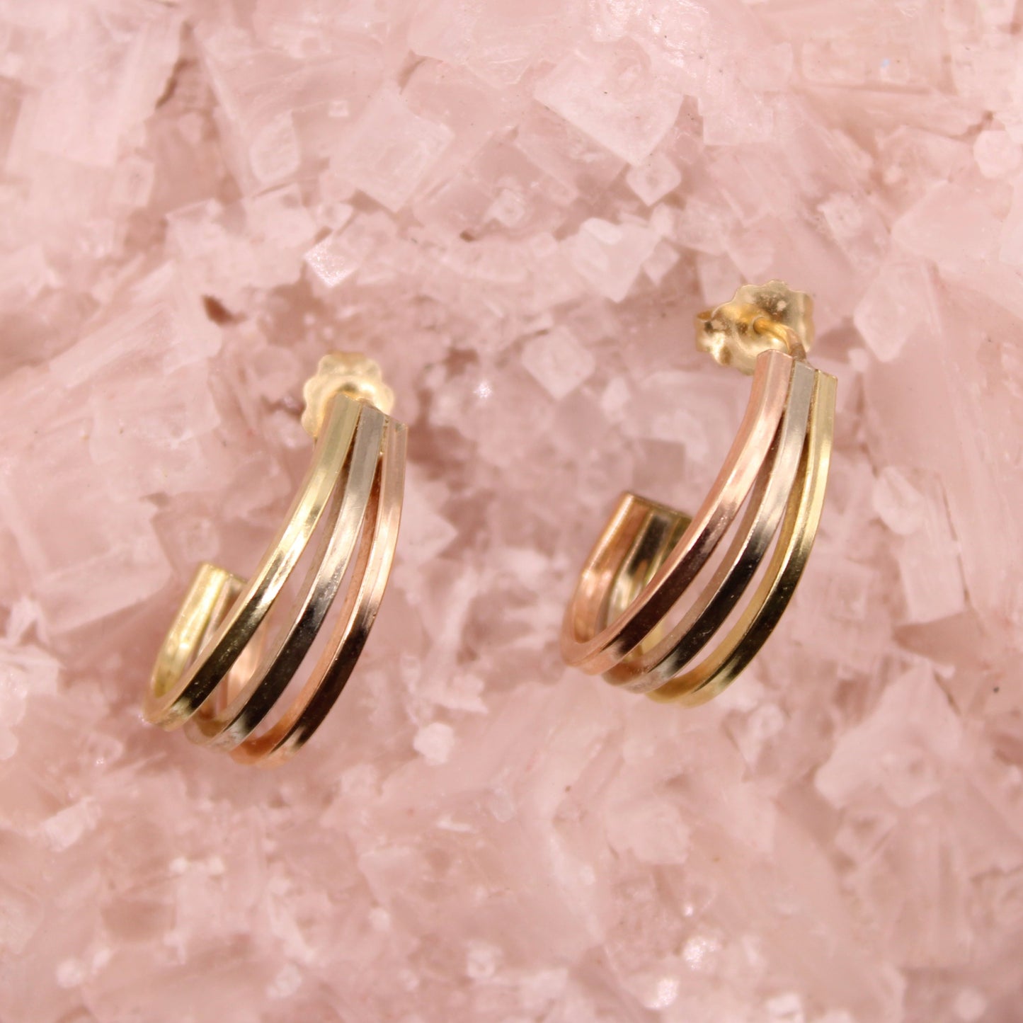 14kt Tricolor Yellow Rose White Gold 0.7" J Hoop Post Earrings