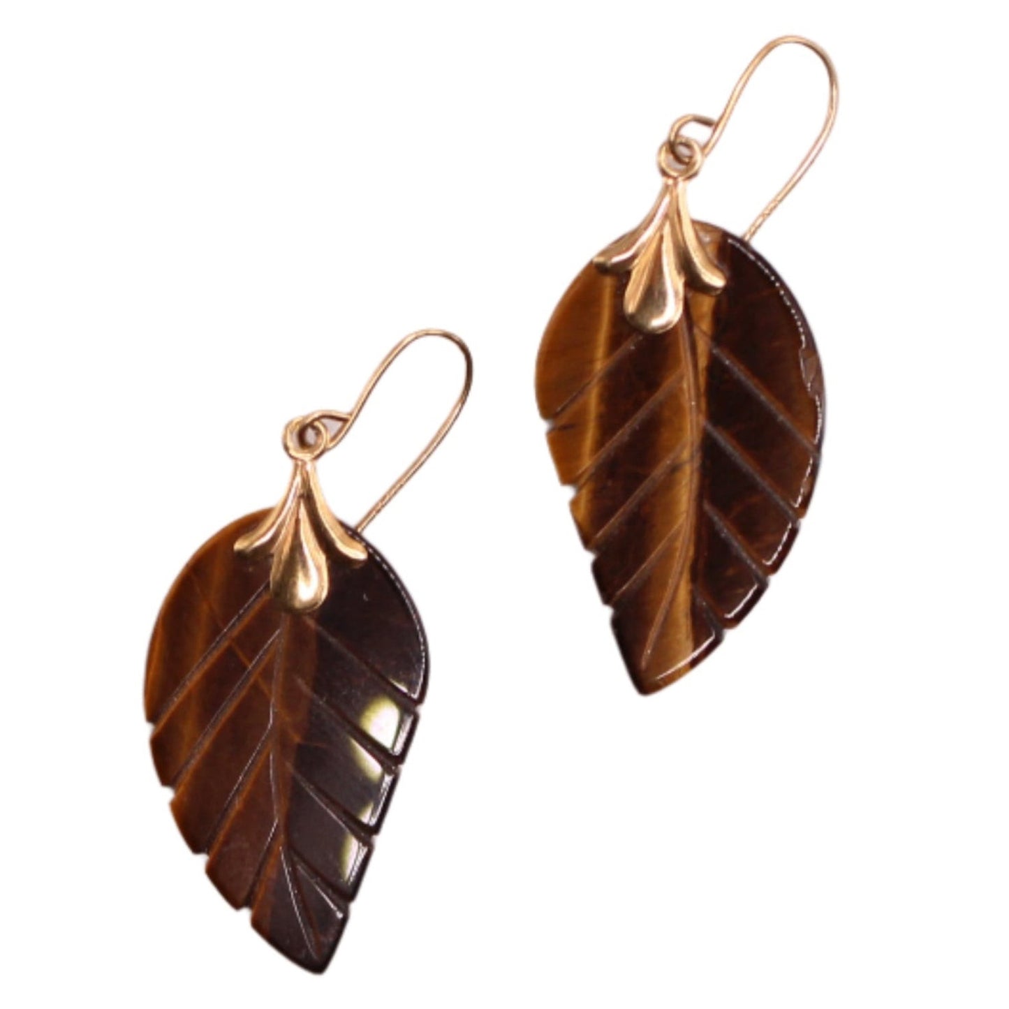 14kt Yellow Gold Handcarved Tigereye Feather Dangle Hook Earrings