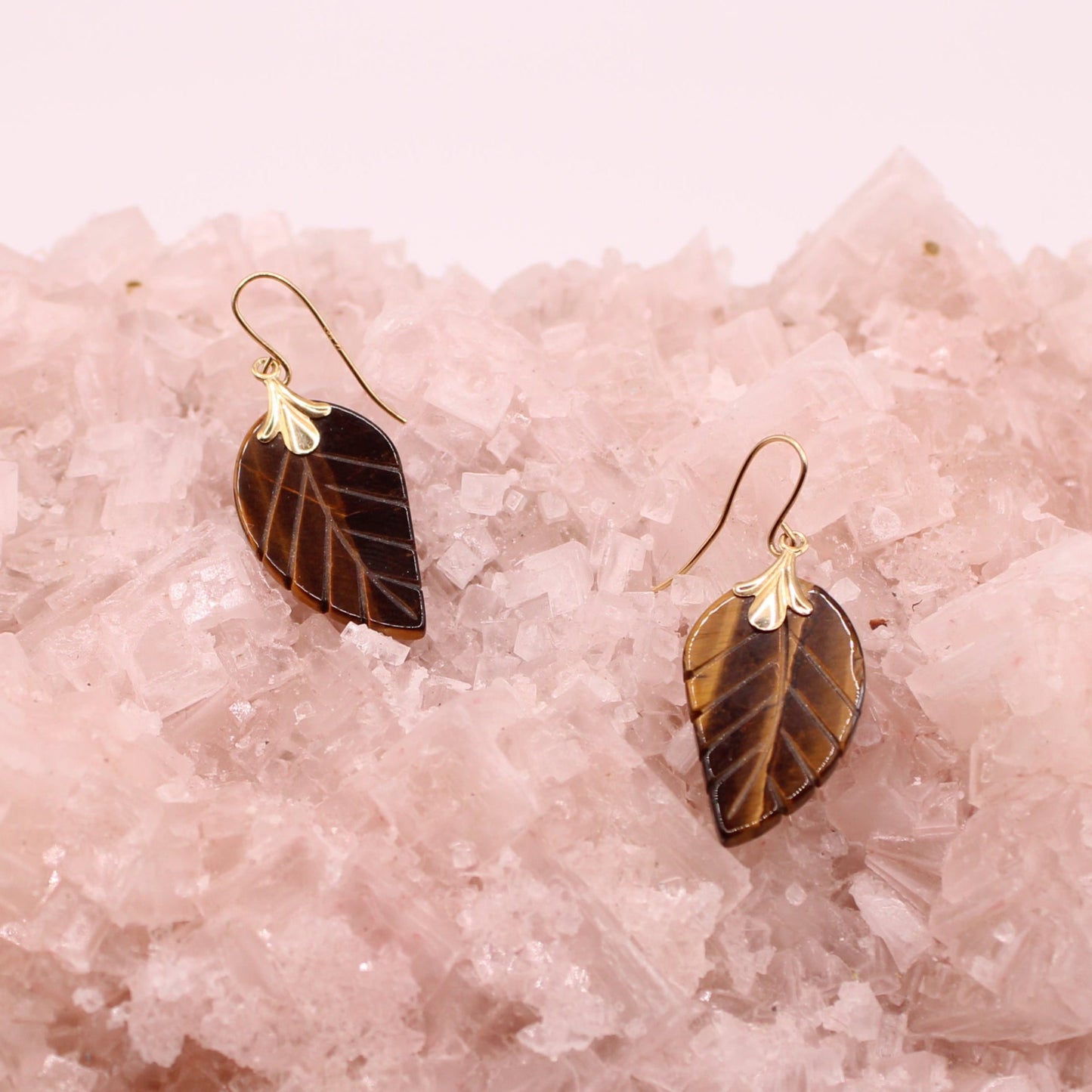 14kt Yellow Gold Handcarved Tigereye Feather Dangle Hook Earrings
