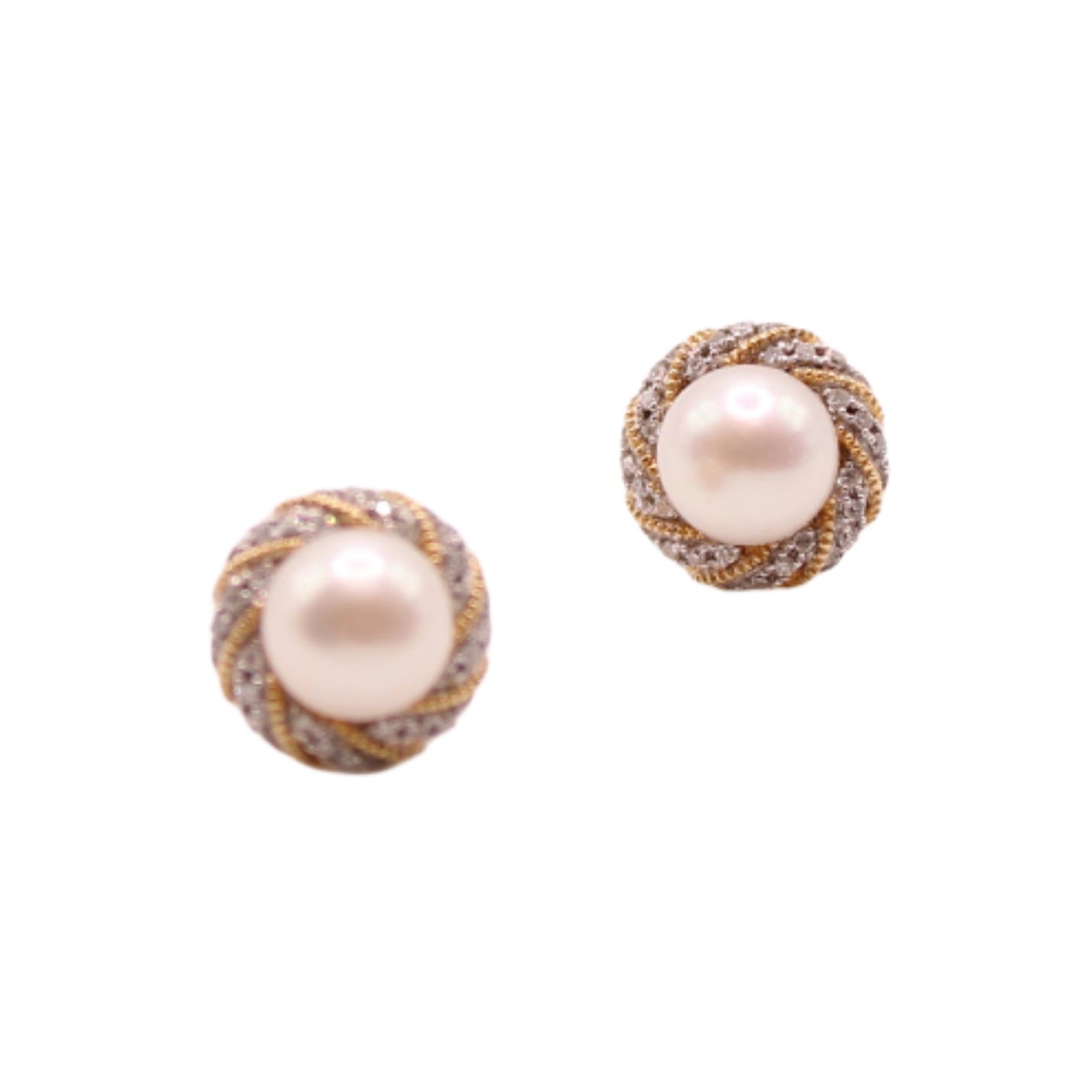 Alwand Vahan 14kt Two Tone Yellow White Gold Diamond Halo Pearl Pierced Stud Earrings