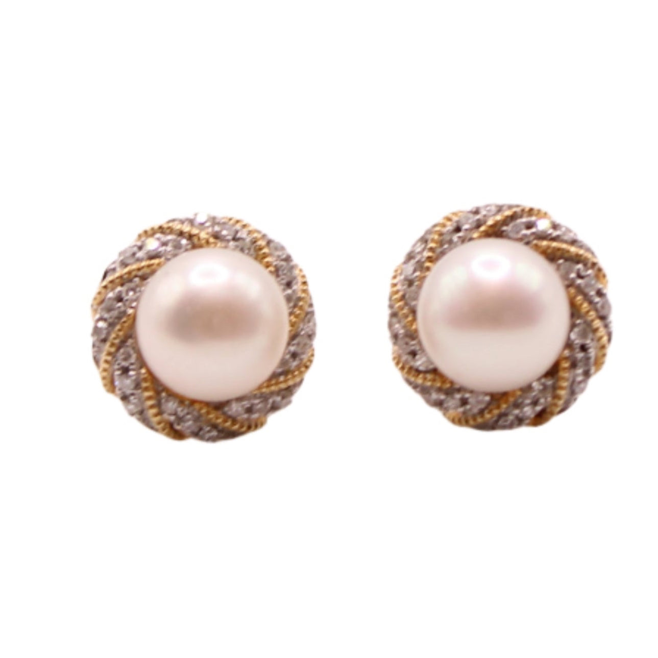 Alwand Vahan 14kt Two Tone Yellow White Gold Diamond Halo Pearl Pierced Stud Earrings