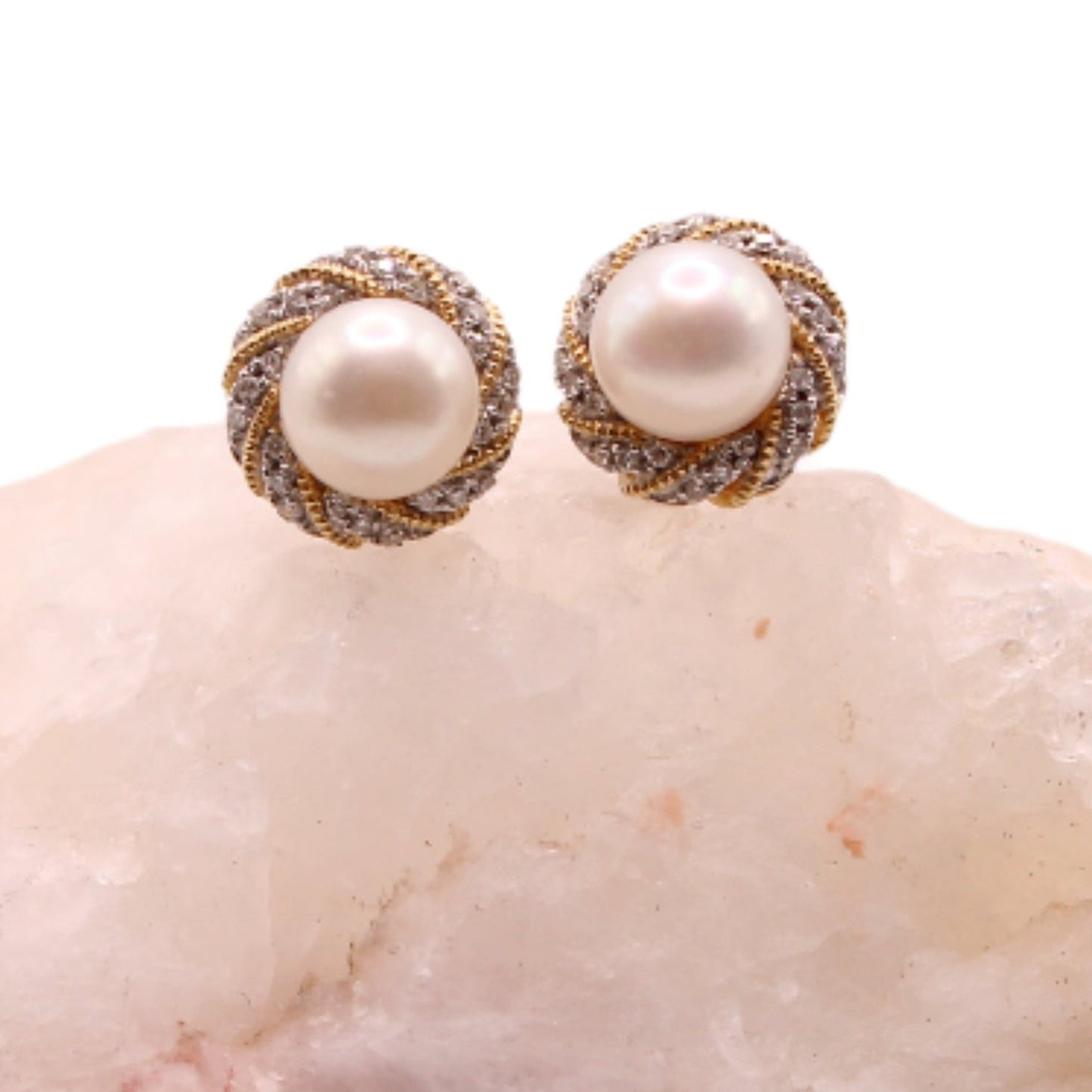 Alwand Vahan 14kt Two Tone Yellow White Gold Diamond Halo Pearl Pierced Stud Earrings