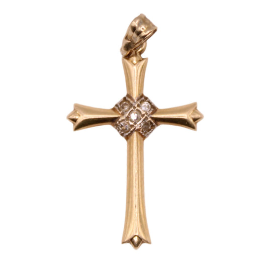 Vintage 14kt Yellow Gold Diamond Elegant Religious Cross Pendant