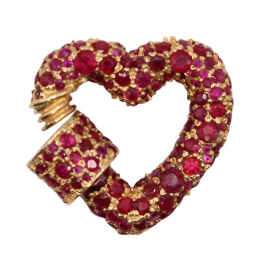 *SOLD* 9kt Yellow Gold Ruby Encrusted Heart Caribiner Enhancer Pendant