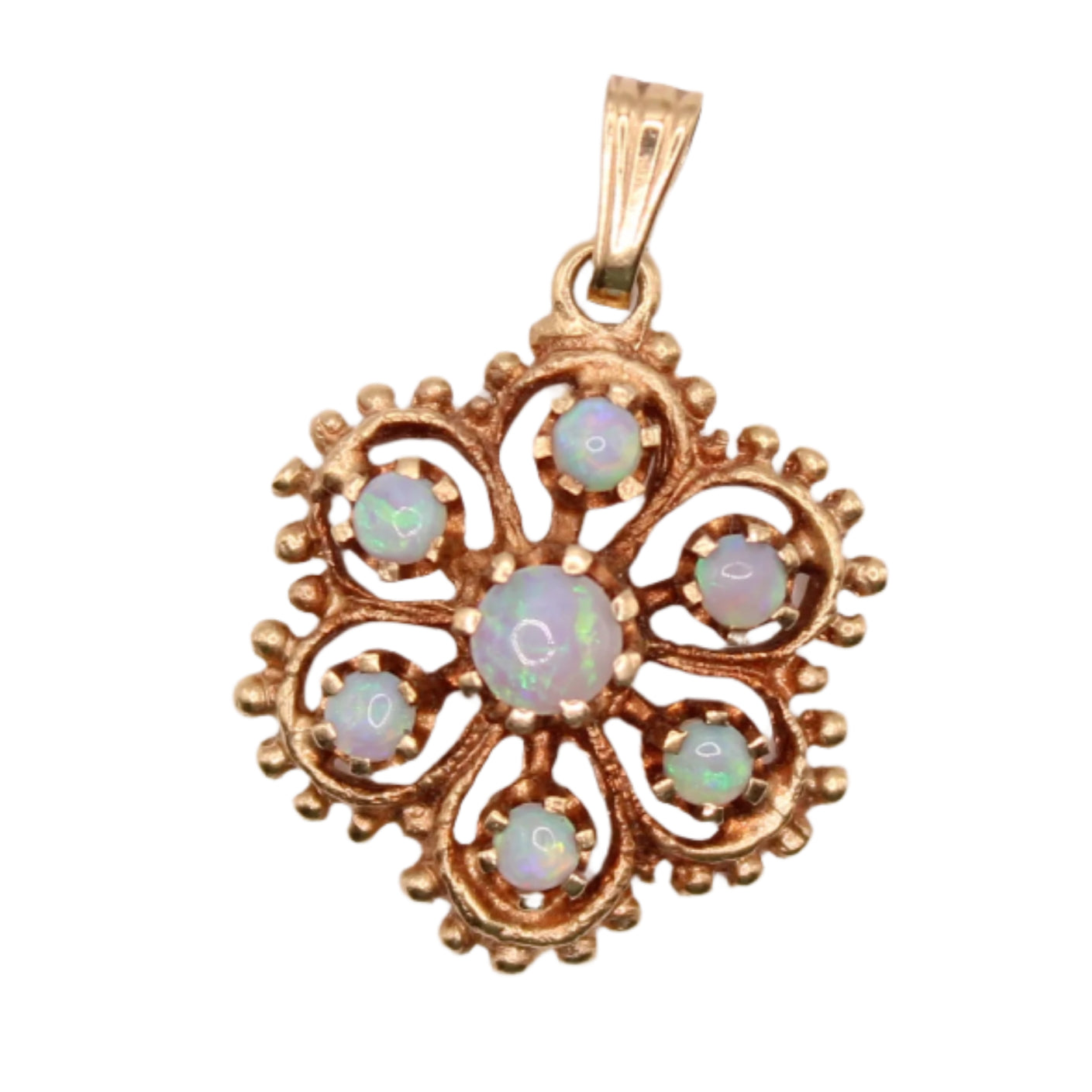 Estate 14kt Yellow Gold Opal Etruscan Beaded Flower Floral Charm Pendant