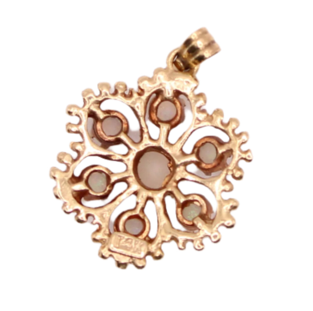 Estate 14kt Yellow Gold Opal Etruscan Beaded Flower Floral Charm Pendant