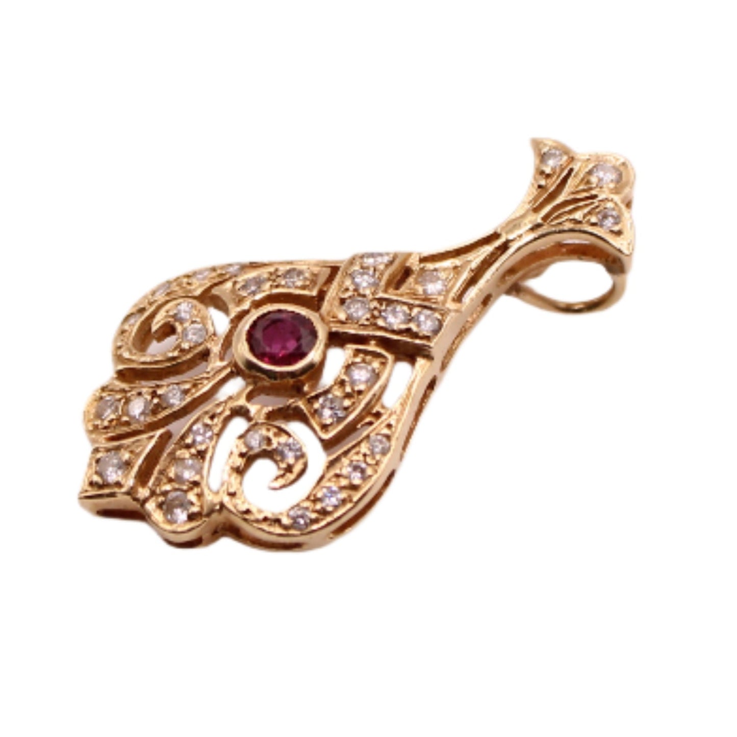 14kt Yellow Gold Antique Victorian Diamond Ruby Art Deco Drop Pendant
