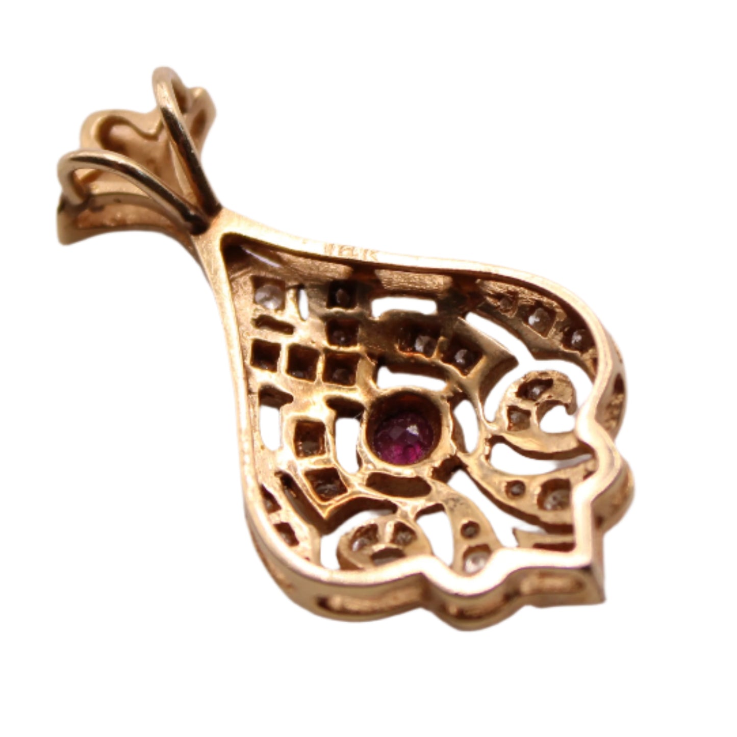 14kt Yellow Gold Antique Victorian Diamond Ruby Art Deco Drop Pendant