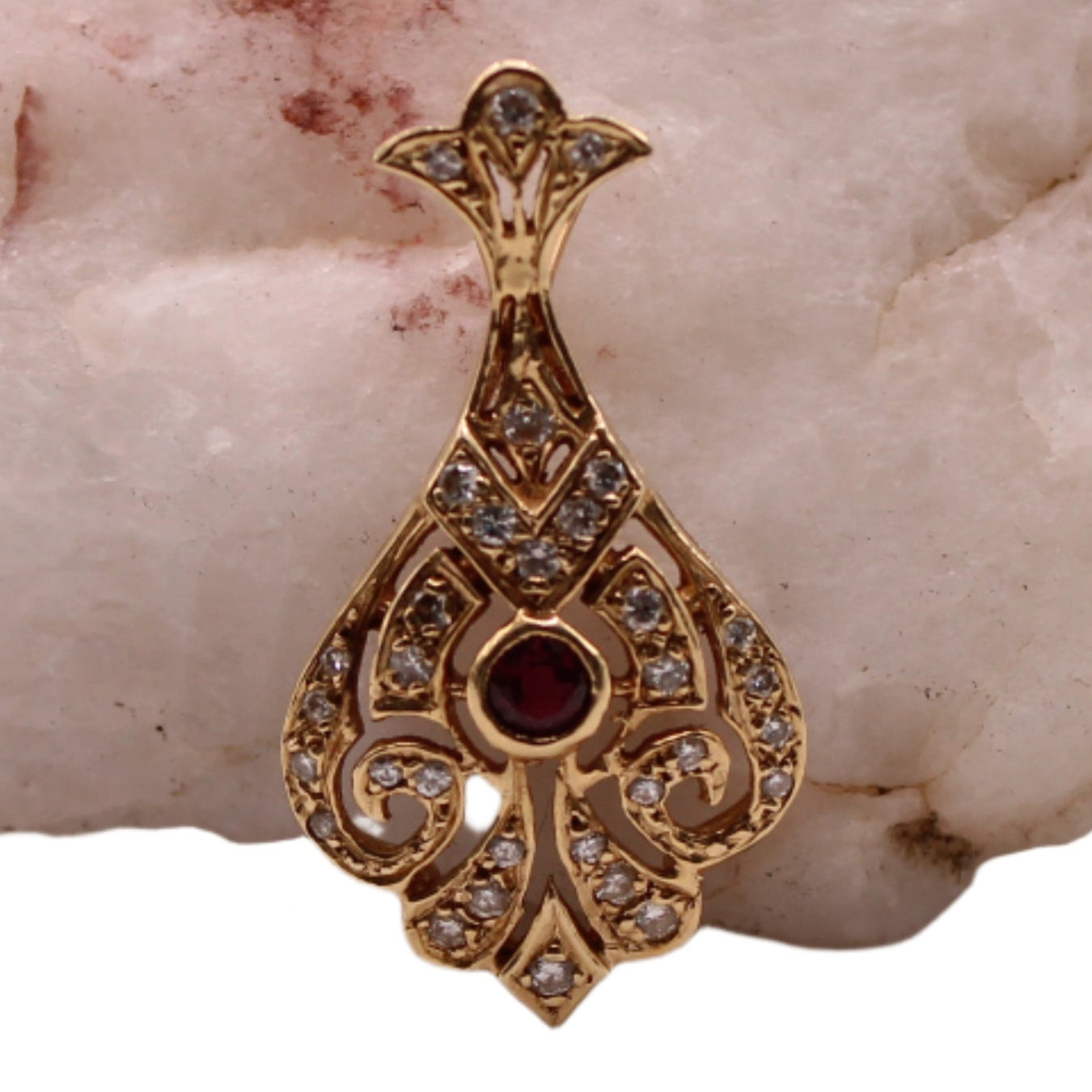 14kt Yellow Gold Antique Victorian Diamond Ruby Art Deco Drop Pendant