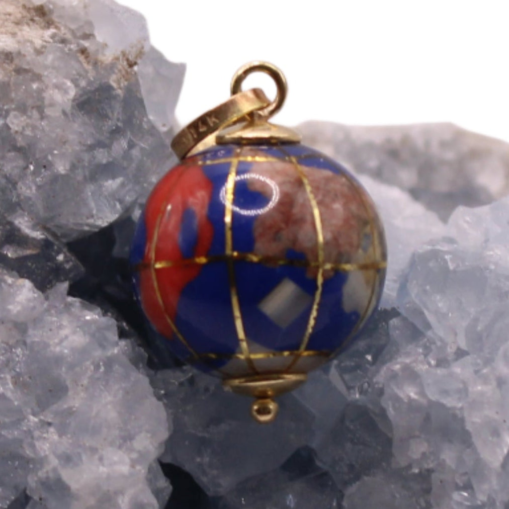 H.W. Burdick Co Vintage 14kt Yellow Gold Inlaid Gems Lapis Earth Globe Charm