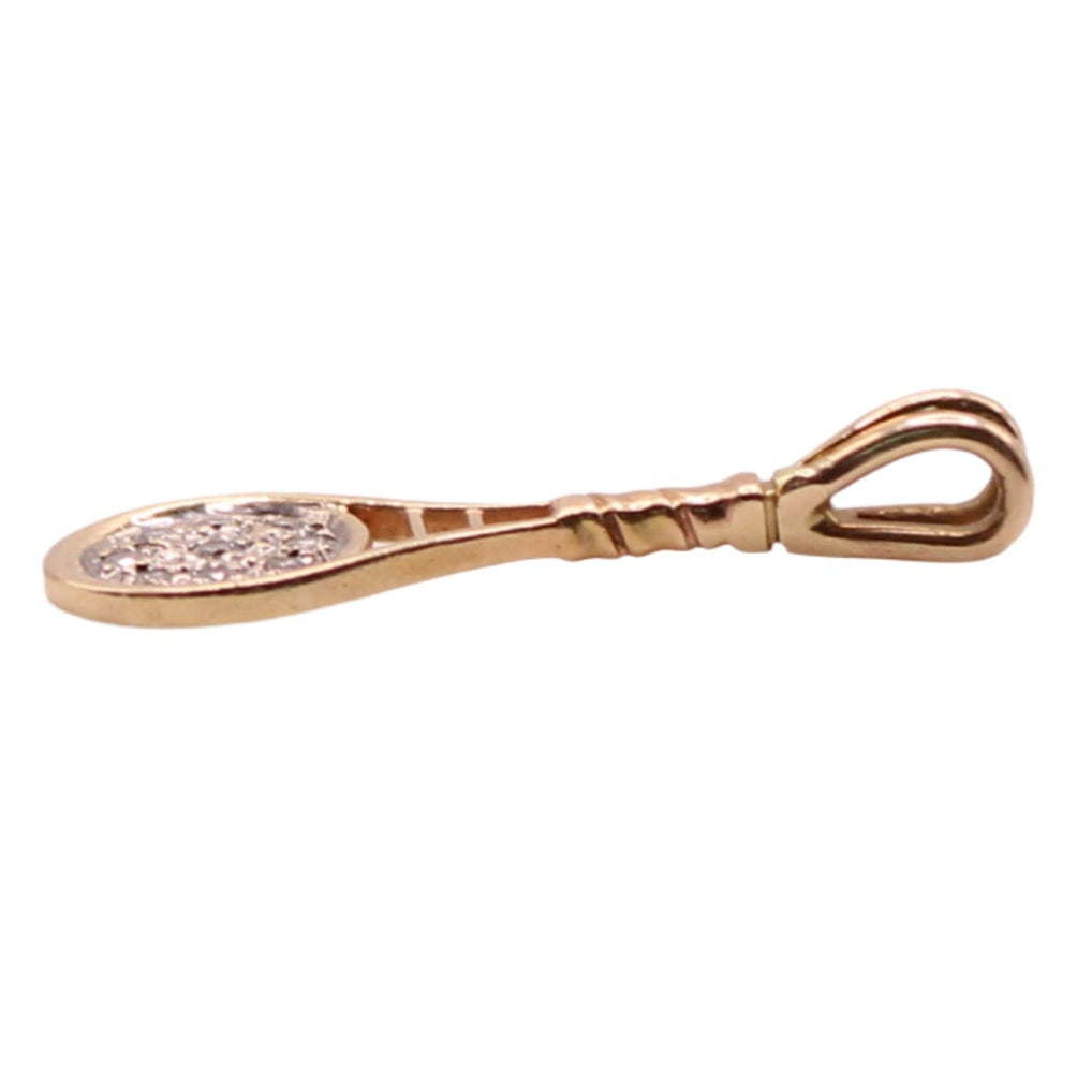 Vintage 14kt Two Tone Yellow Gold Diamond Tennis Racket Charm Pendant