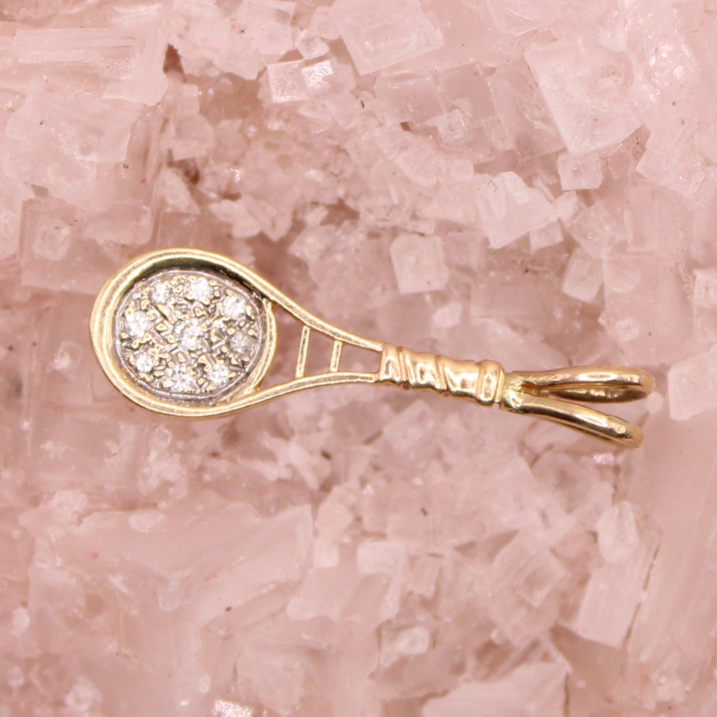 Vintage 14kt Two Tone Yellow Gold Diamond Tennis Racket Charm Pendant