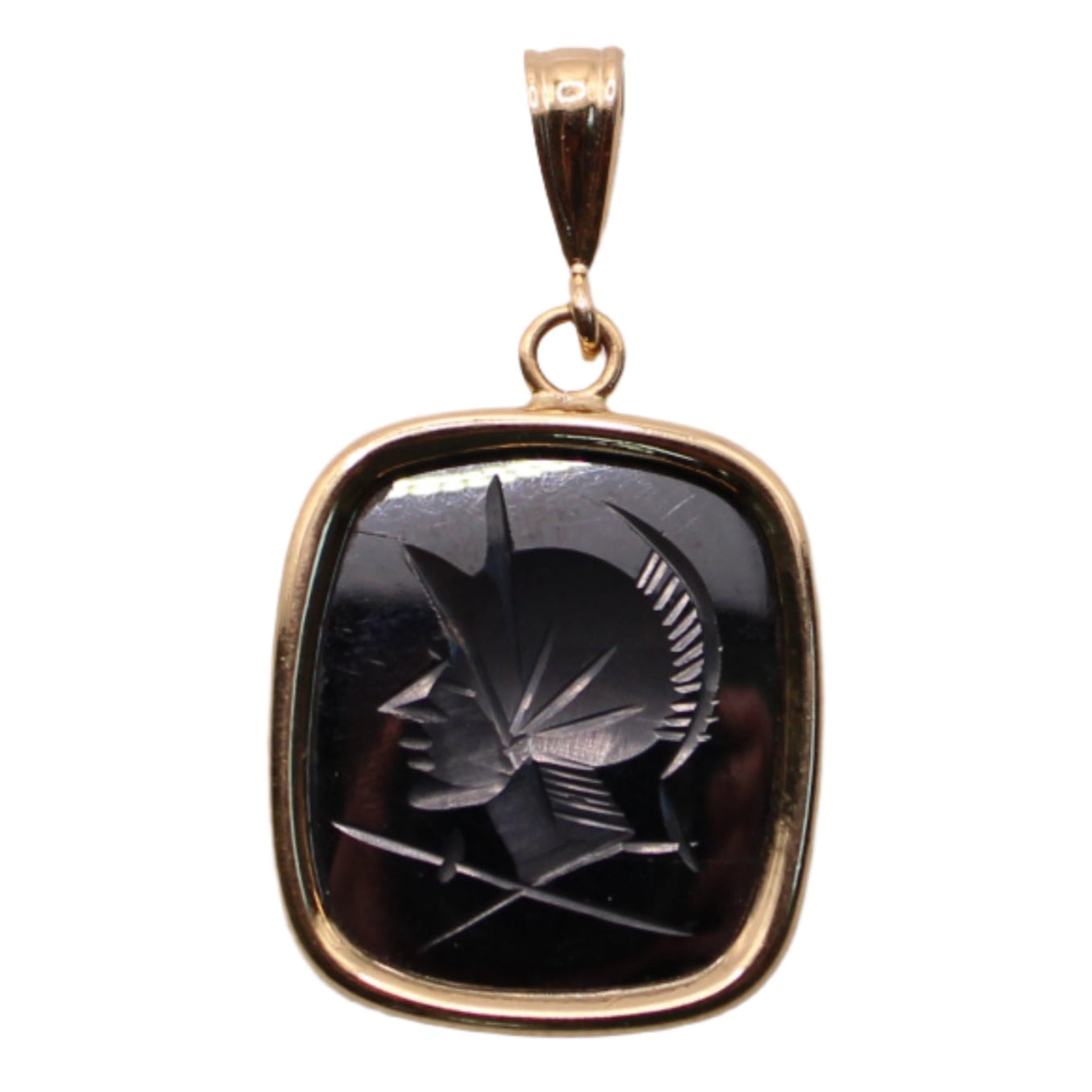 14kt Yellow Gold Bezel Hematite Intaglio Roman Soldier Cameo Pendant