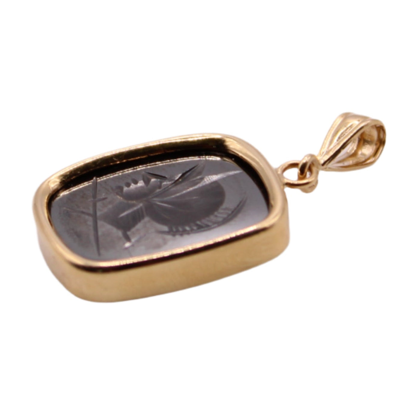 14kt Yellow Gold Bezel Hematite Intaglio Roman Soldier Cameo Pendant