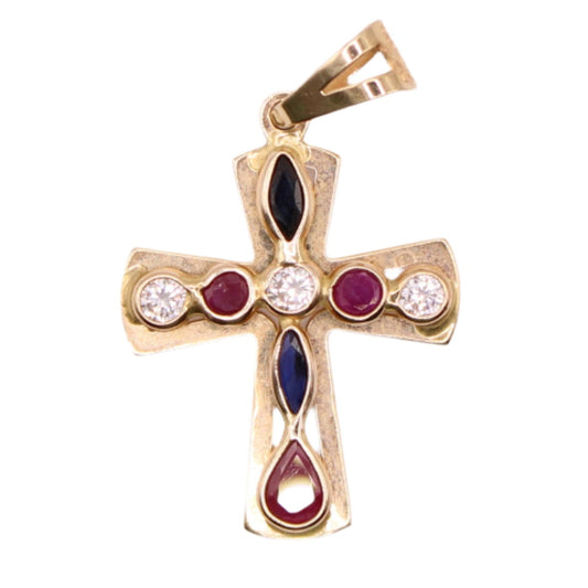 *SOLD* 14kt Yellow Gold Natural Diamond Ruby Sapphire Bezel Set Cross Pendant