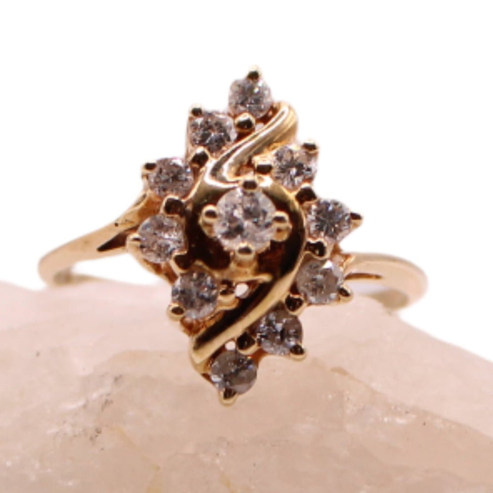 Vintage 14kt Yellow Gold Diamond Navette Cluster Cocktail Engagement Ring