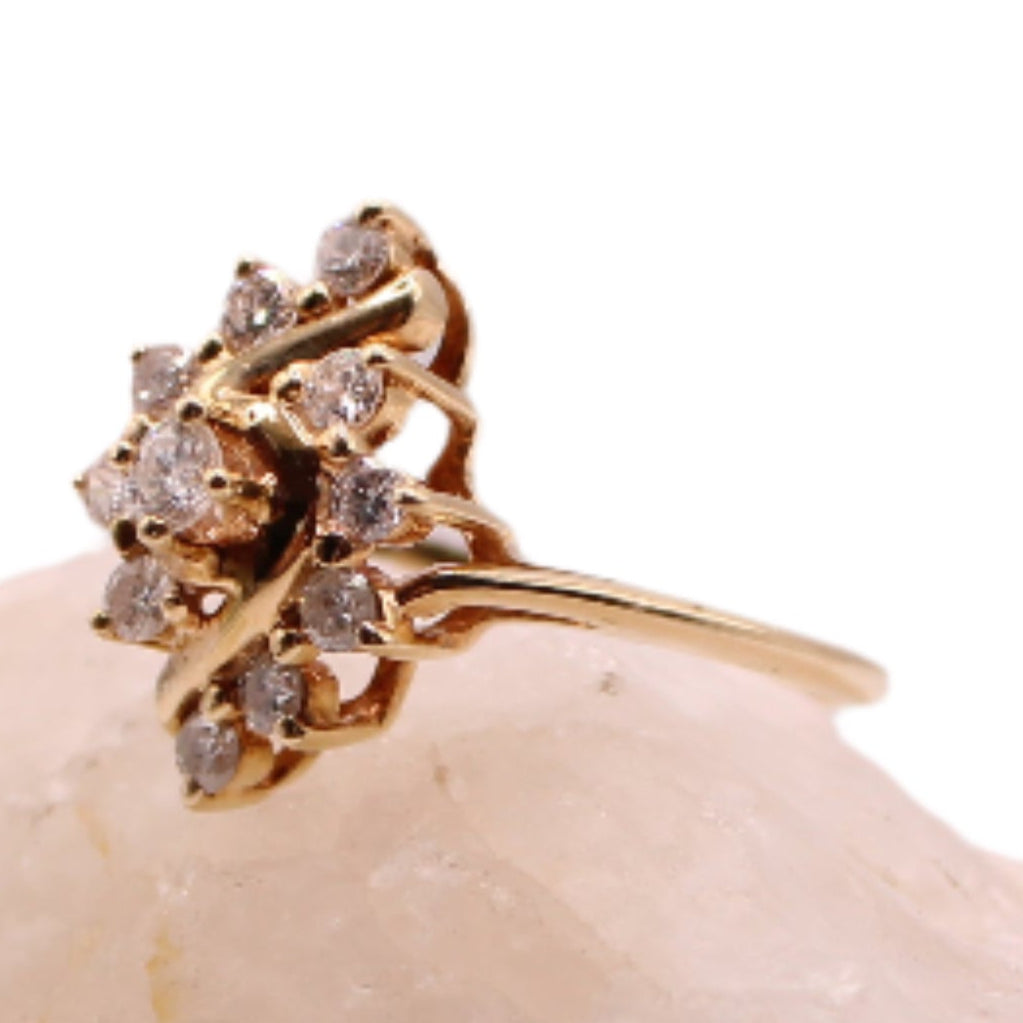 Vintage 14kt Yellow Gold Diamond Navette Cluster Cocktail Engagement Ring