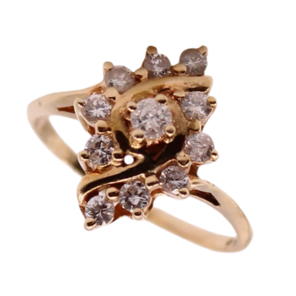 Vintage 14kt Yellow Gold Diamond Navette Cluster Cocktail Engagement Ring