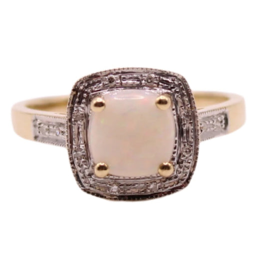 14kt Two Tone Yellow White Gold Diamond Cushion Cut Cabochon Opal Halo Ring