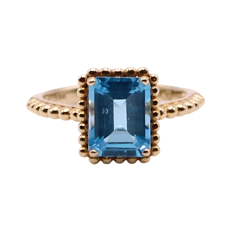 10kt Yellow Gold 2 CT Blue Topaz Emerald Cut Beaded Frame Cocktail Ring