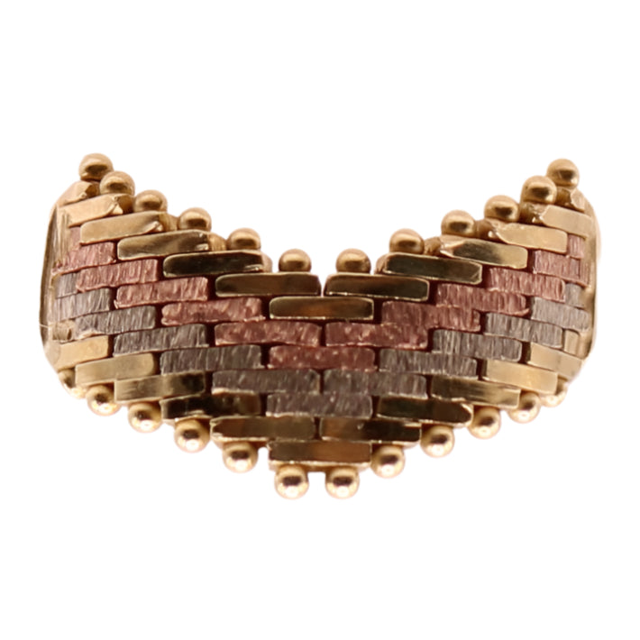 14kt Tri-Gold Mesh Wide V Point Beaded Edge Yellow Rose White Band Ring