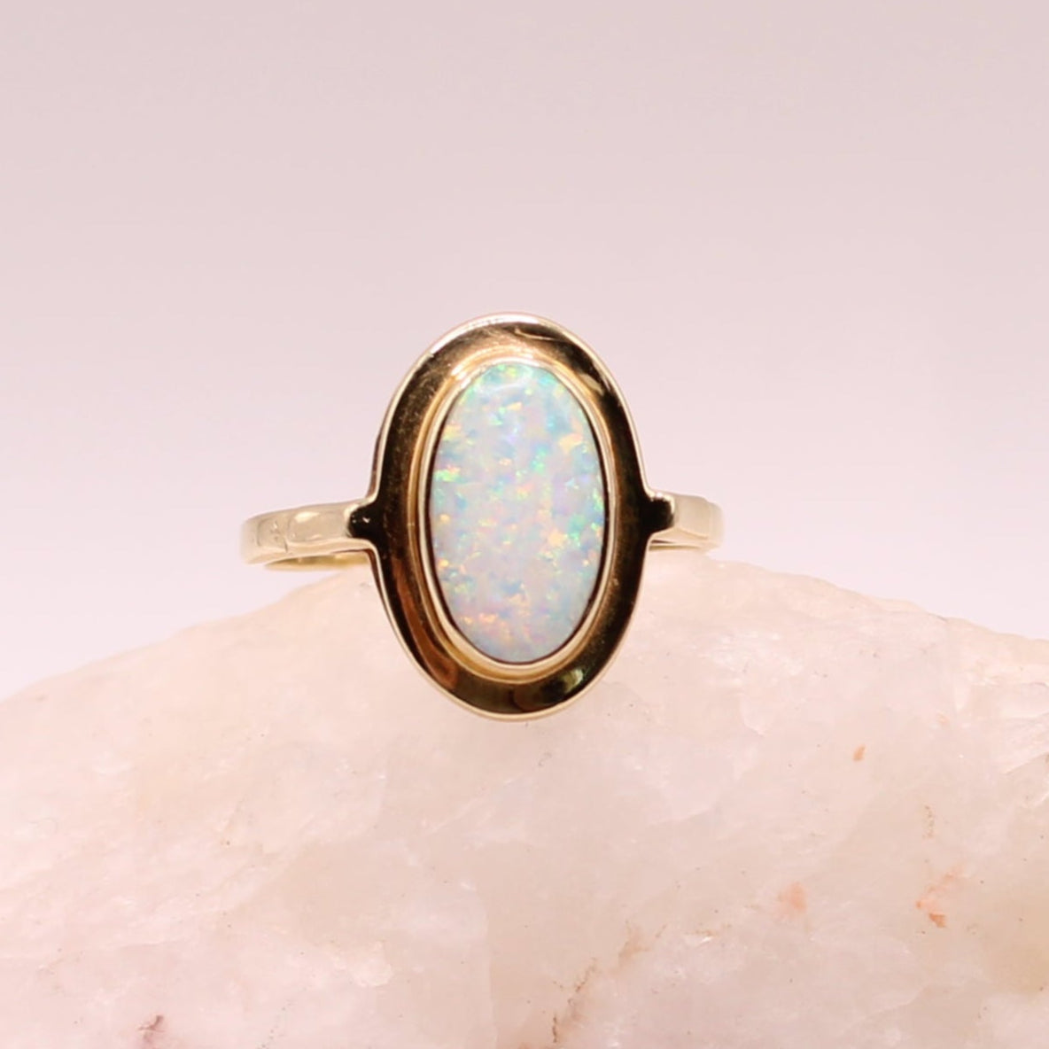 14kt Yellow Gold Opal Oval Bezel October Birthstone Cocktail Ring