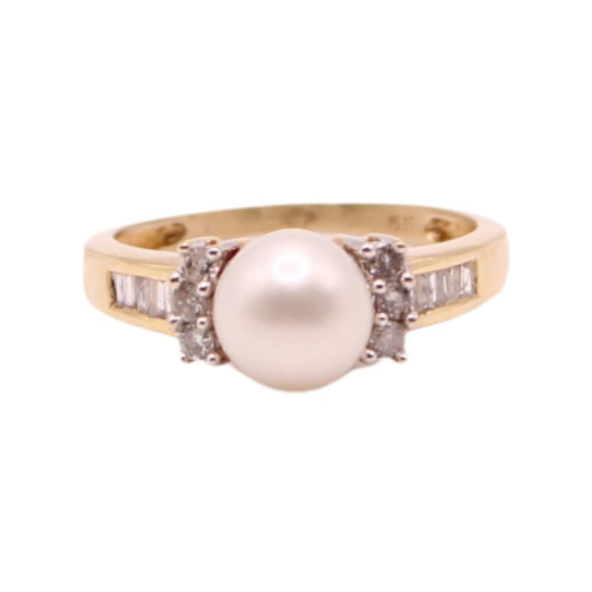 14kt Yellow Gold Diamond Pearl Bow Ring For Anniversary Birthstone Engagement