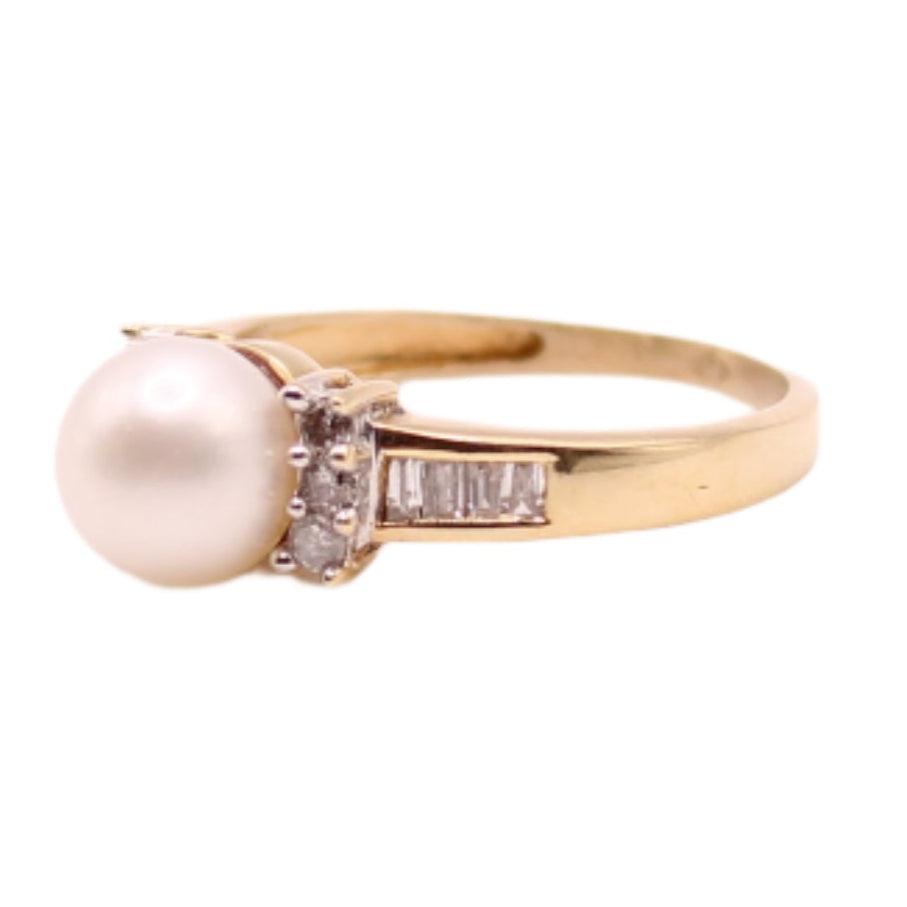 14kt Yellow Gold Diamond Pearl Bow Ring For Anniversary Birthstone Engagement