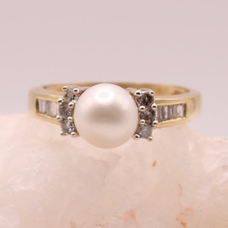 14kt Yellow Gold Diamond Pearl Bow Ring For Anniversary Birthstone Engagement