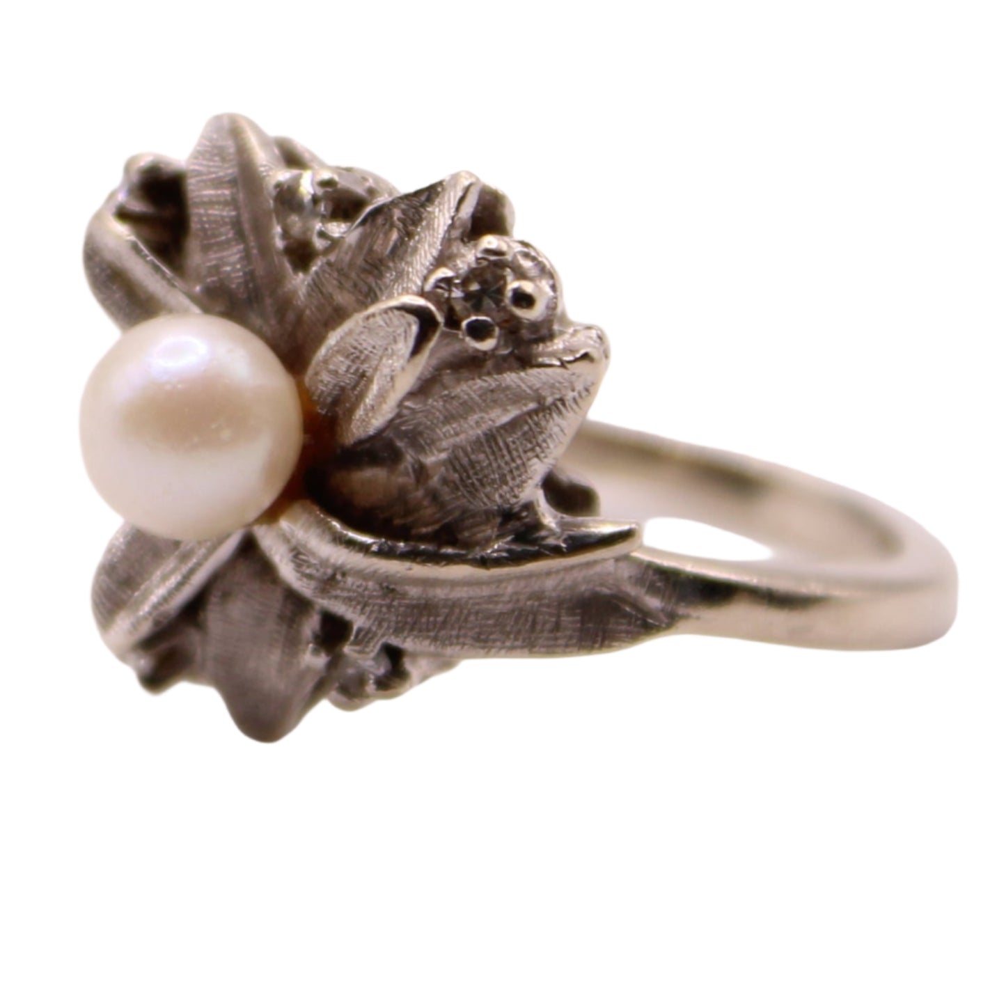Antique Dason 14kt White Gold Diamond Pearl Flower Cocktail Ring