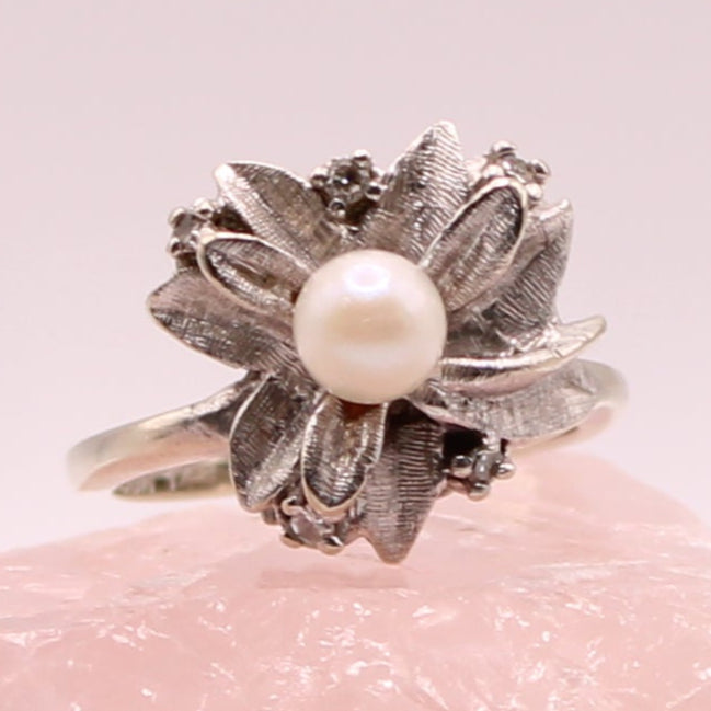 Antique Dason 14kt White Gold Diamond Pearl Flower Cocktail Ring