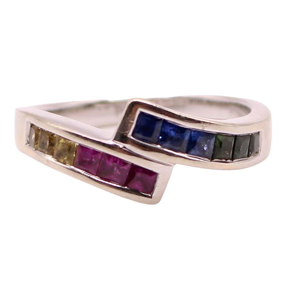 14kt White Gold Princess Cut Rainbow Sapphire Channel Set Bypass Ring
