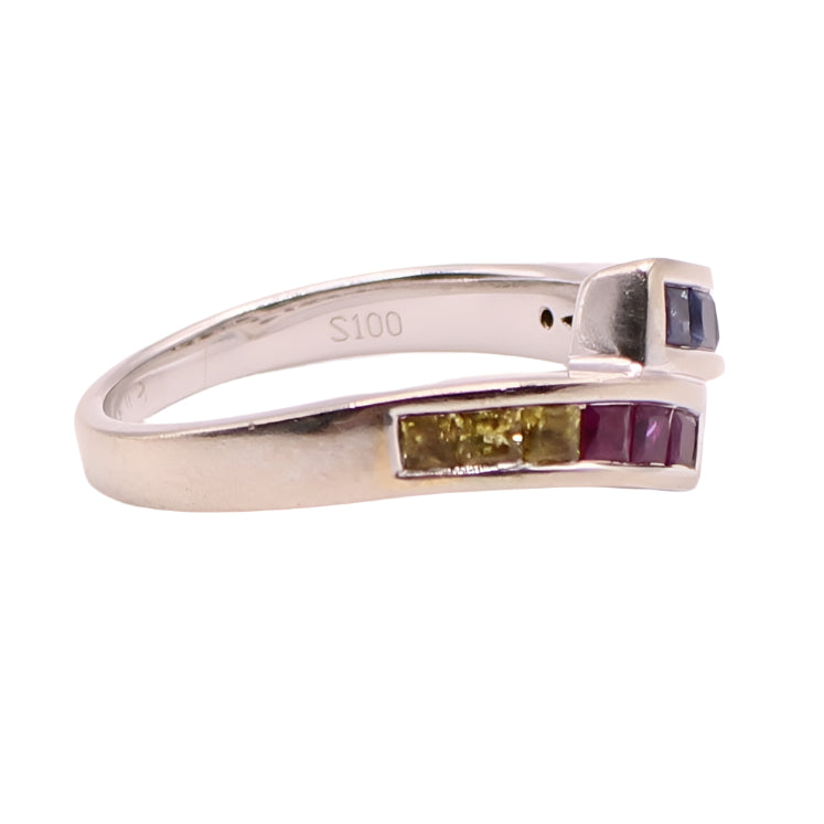 14kt White Gold Princess Cut Rainbow Sapphire Channel Set Bypass Ring