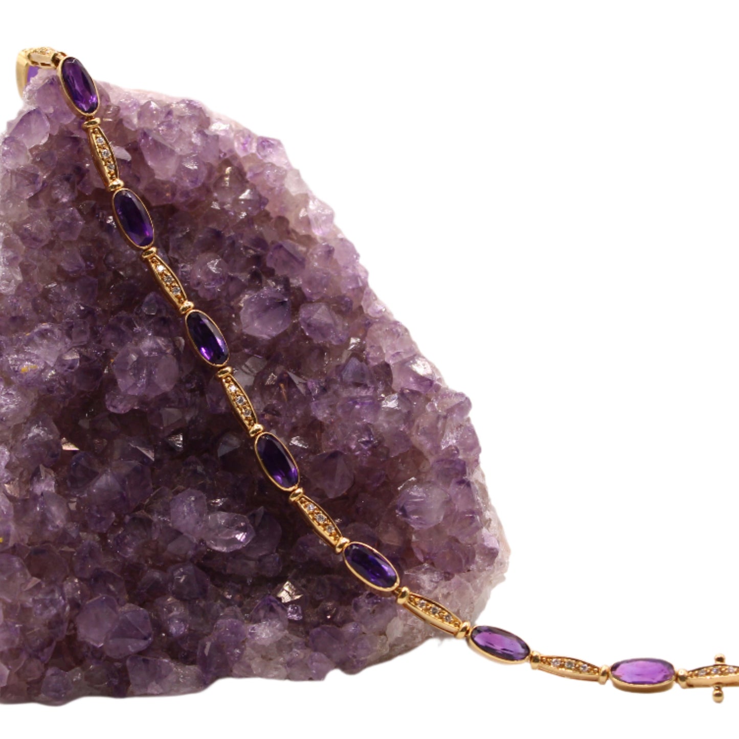 18kt Yellow Gold Diamond Oval Amethyst Tennis Chain Link Bracelet 7.25"
