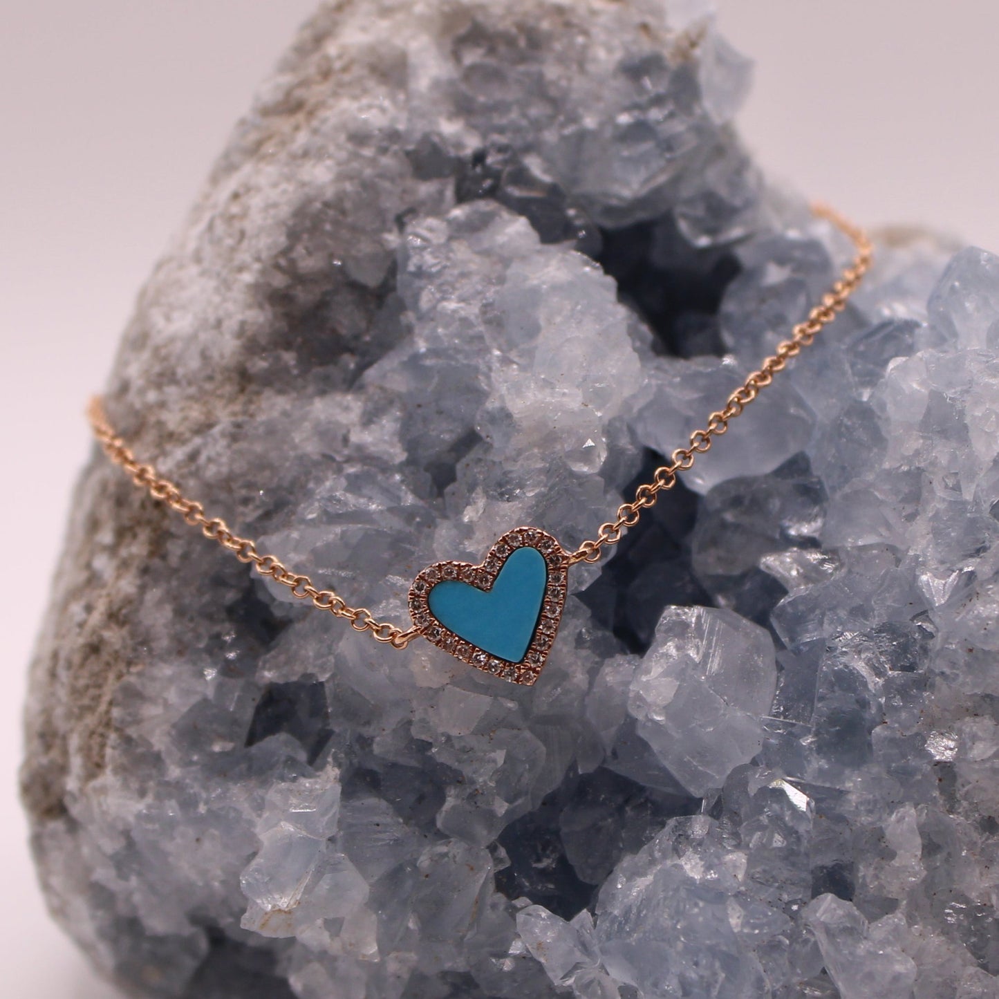 *SOLD* Jennifer Miller 14kt Rose Gold Diamond Turquoise Heart Charm Bracelet