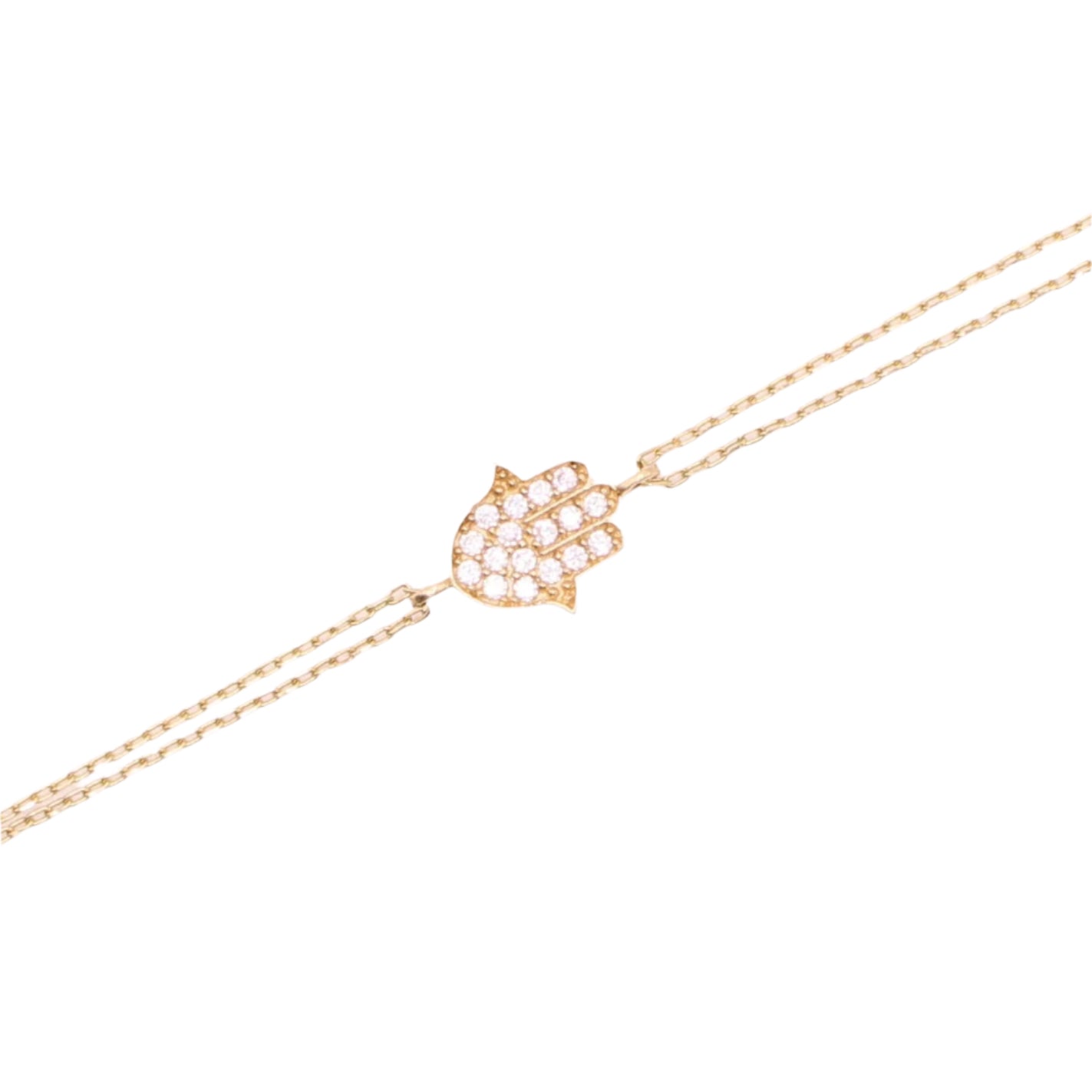 14kt Yellow Gold Hamsa Charm Cubic Zirconia Double Dainty Chain Bracelet