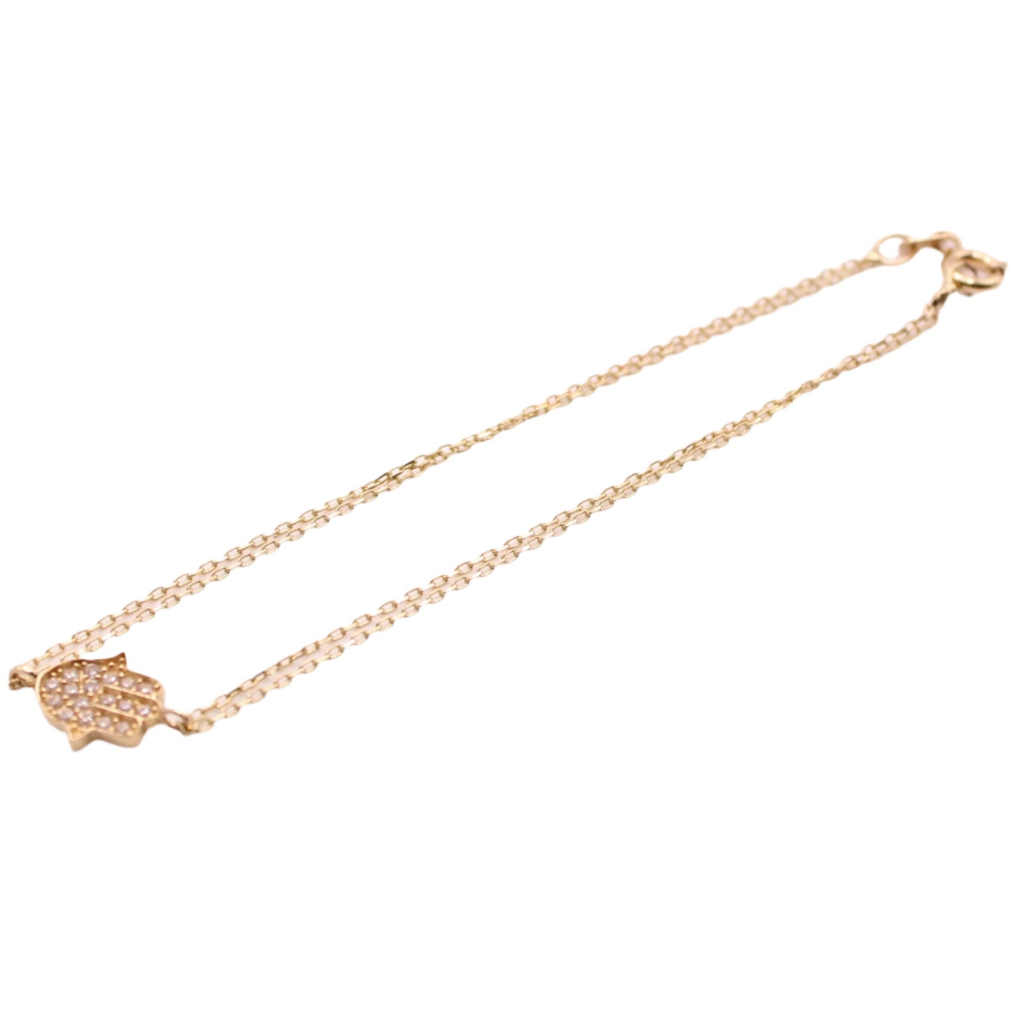 14kt Yellow Gold Hamsa Charm Cubic Zirconia Double Dainty Chain Bracelet