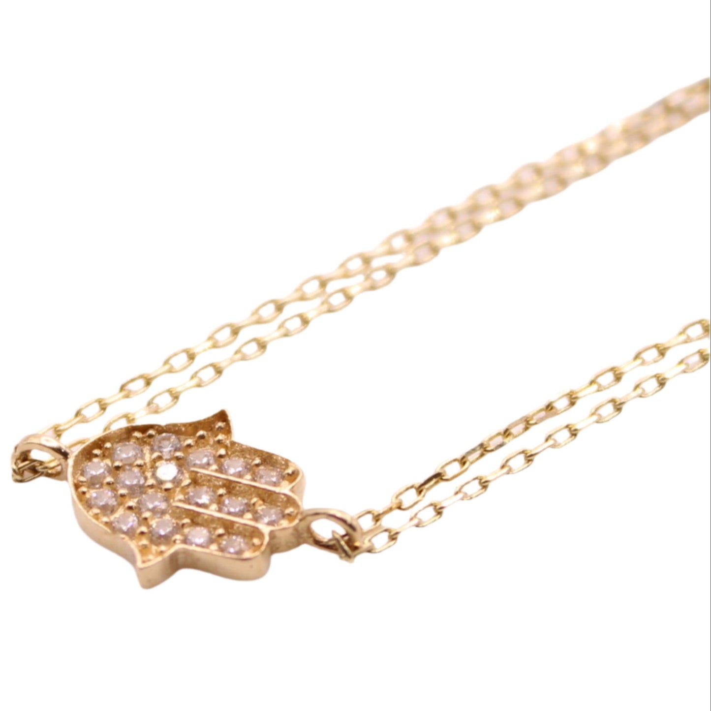 14kt Yellow Gold Hamsa Charm Cubic Zirconia Double Dainty Chain Bracelet
