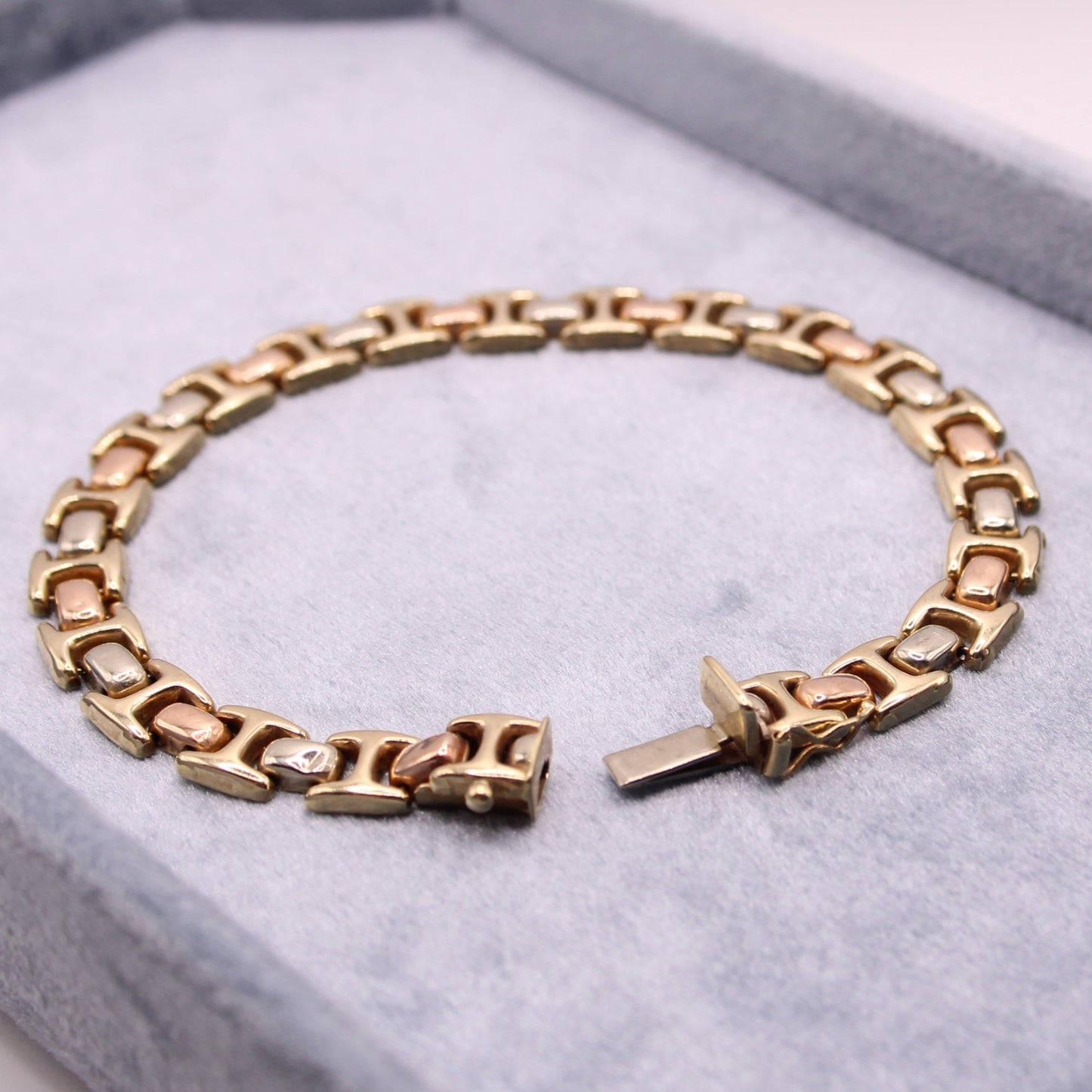 14kt Mexico Tri Gold Yellow White Rose Gold Puffed Chain Link Bracelet