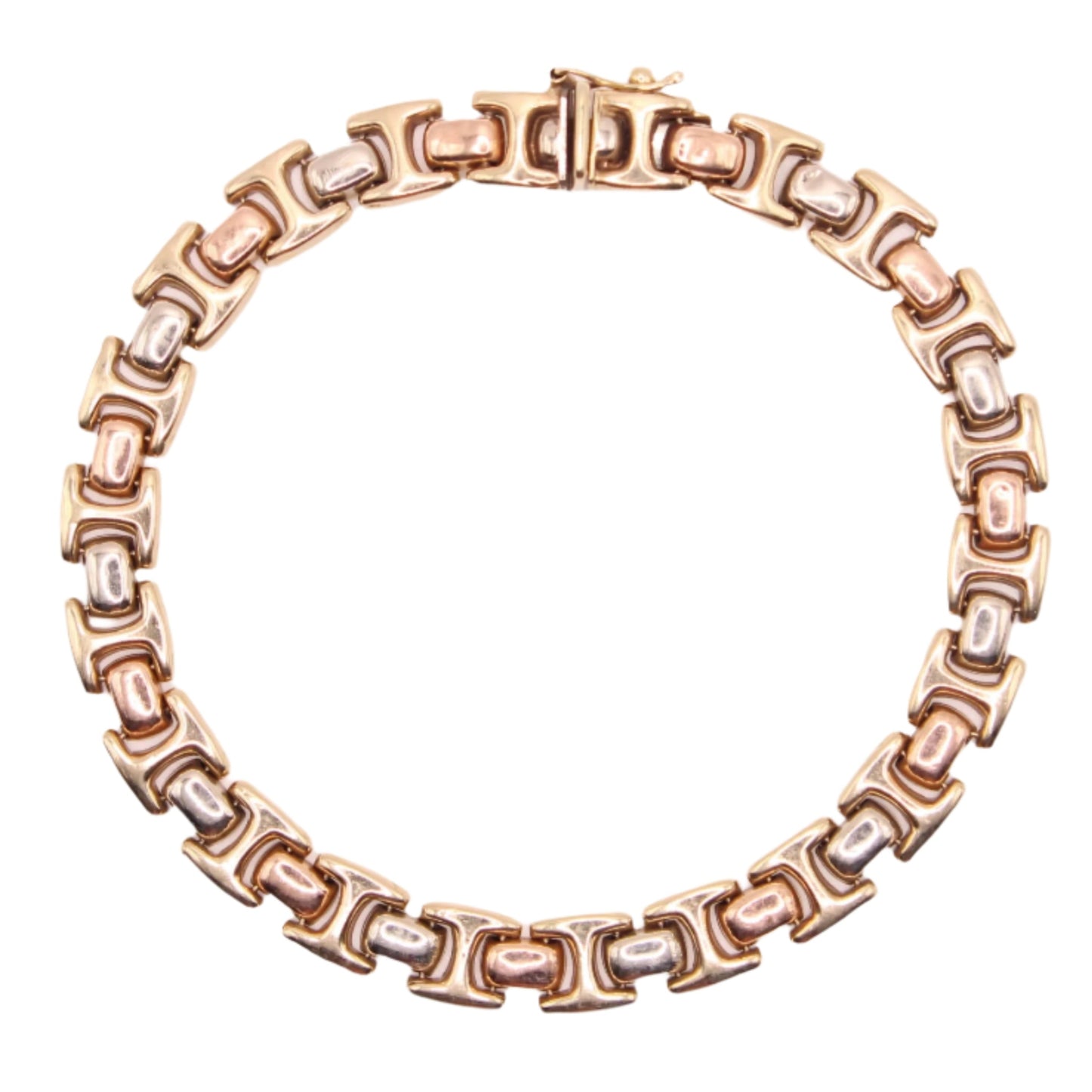 14kt Mexico Tri Gold Yellow White Rose Gold Puffed Chain Link Bracelet