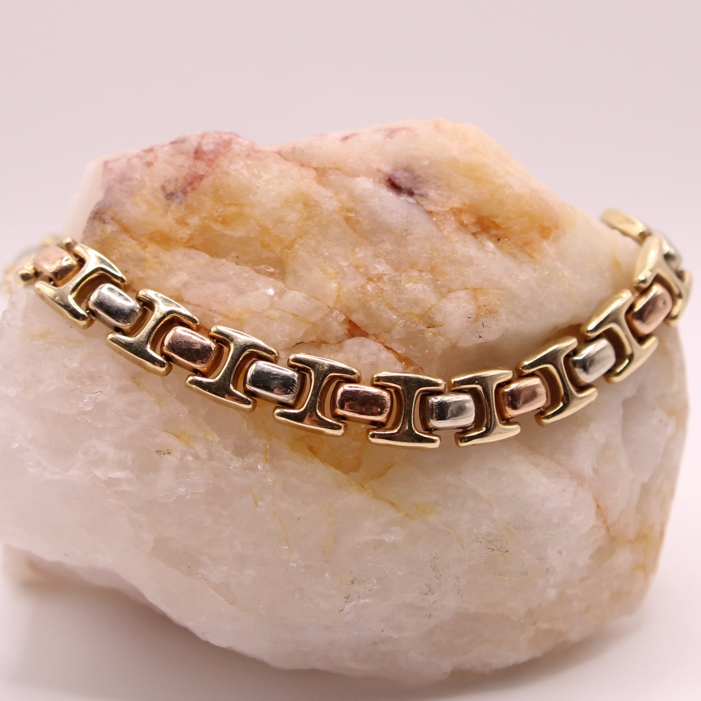 14kt Mexico Tri Gold Yellow White Rose Gold Puffed Chain Link Bracelet