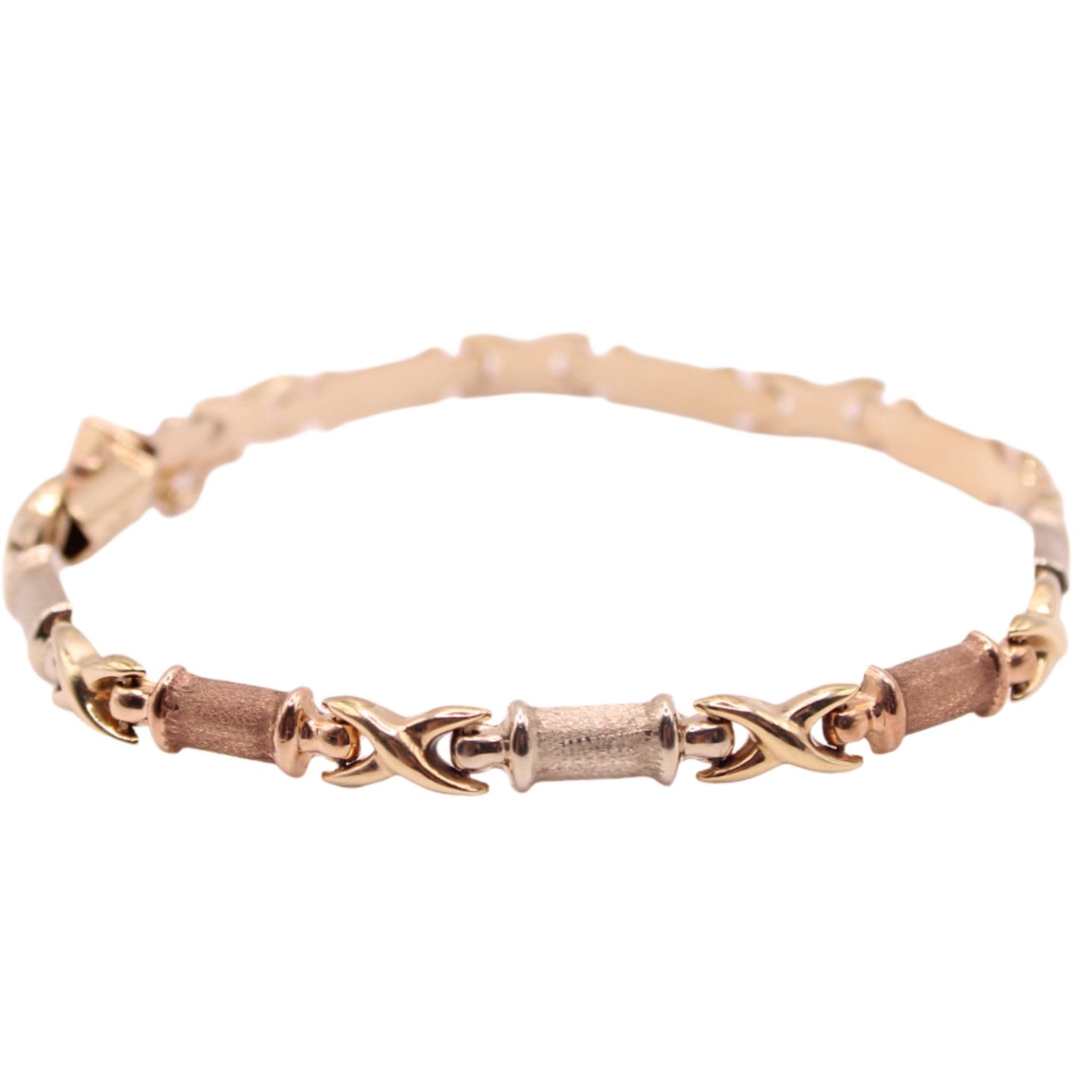 10kt Tricolor Yellow White Rose Cross Box Puffed Chain Link Bracelet 6.75"