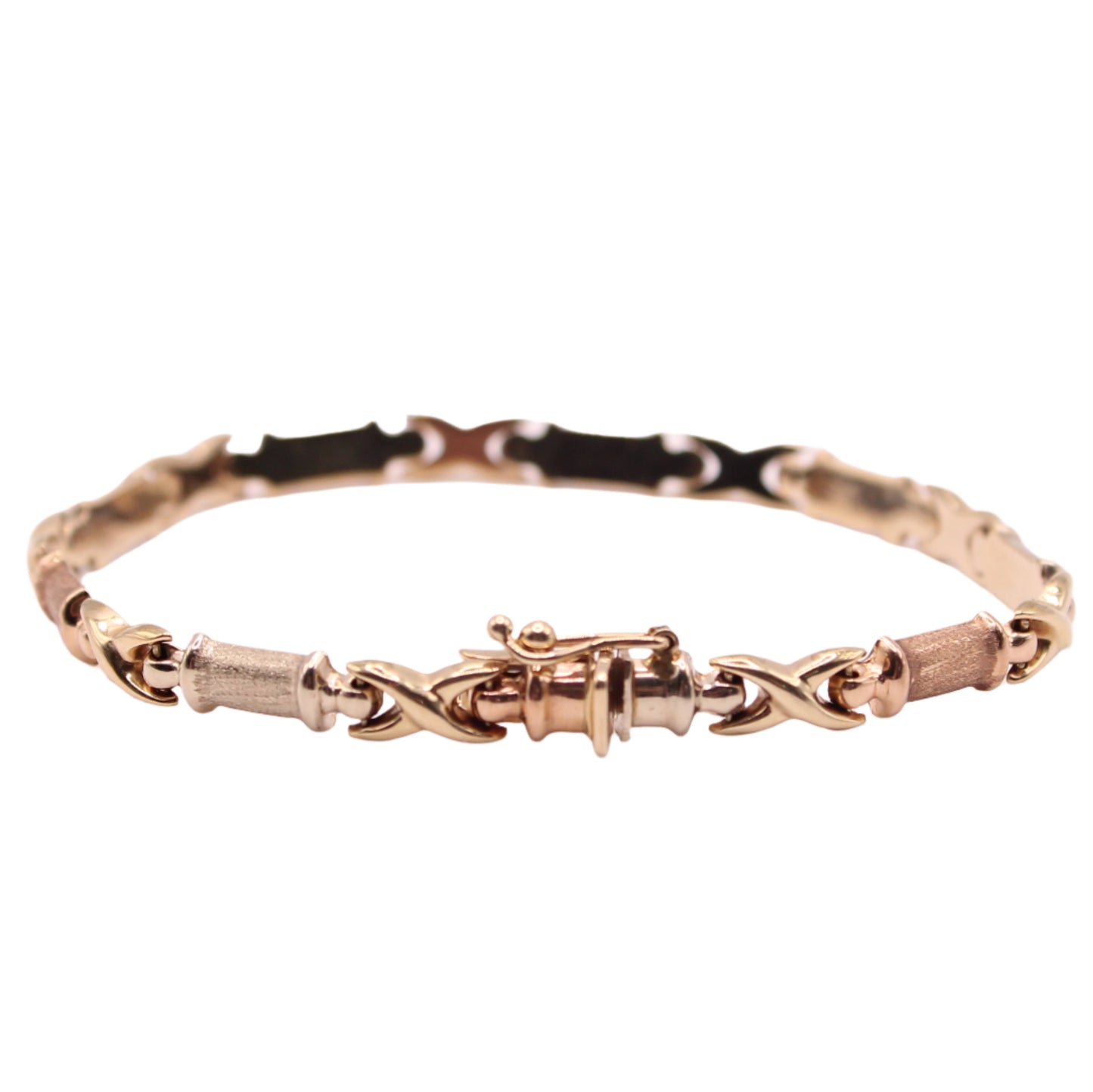 10kt Tricolor Yellow White Rose Cross Box Puffed Chain Link Bracelet 6.75"