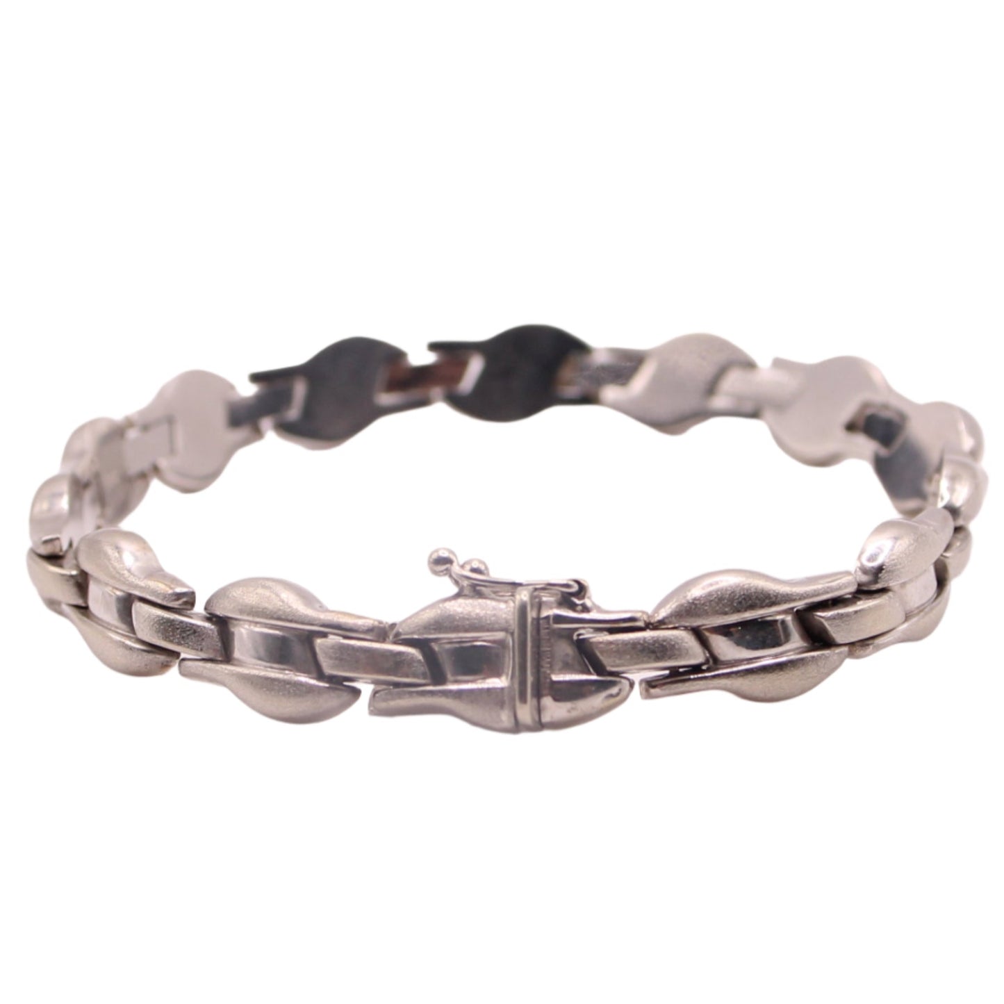 14kt White Gold B&M Sandblast & Polish Finish Puffed Wave Link Bracelet 6.75"