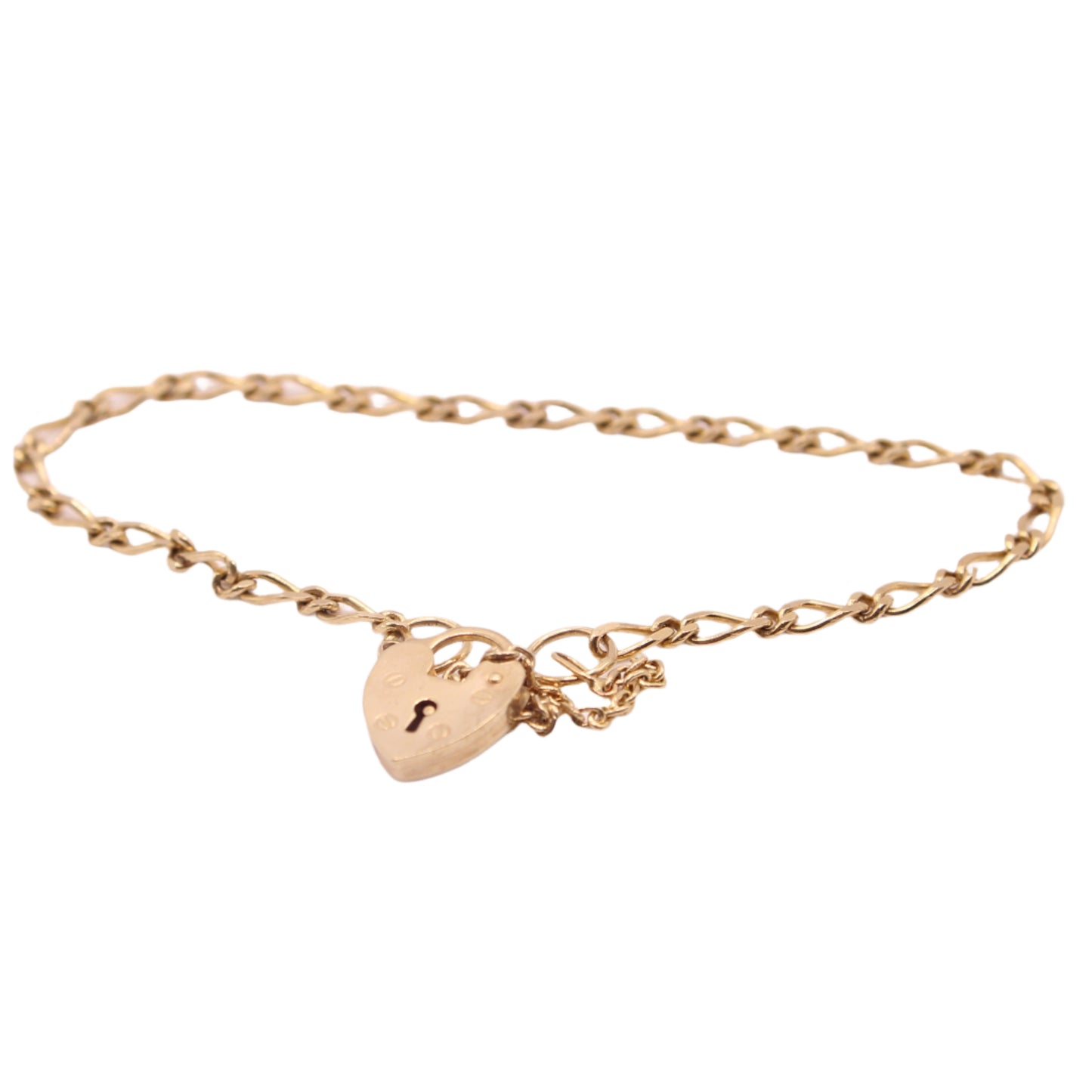 Vintage 9kt Yellow Gold English Figaro Etched Heart Locket Charm Bracelet