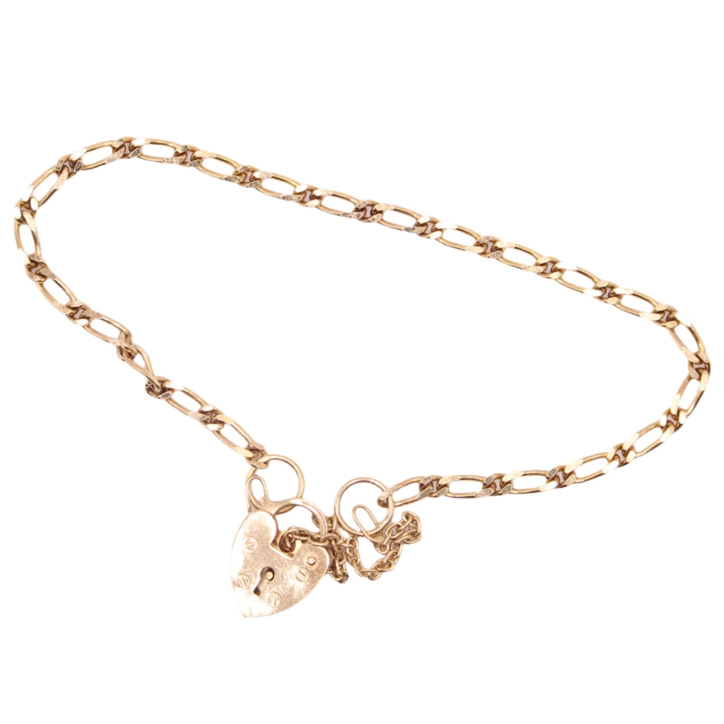 Vintage 9kt Yellow Gold English Figaro Etched Heart Locket Charm Bracelet