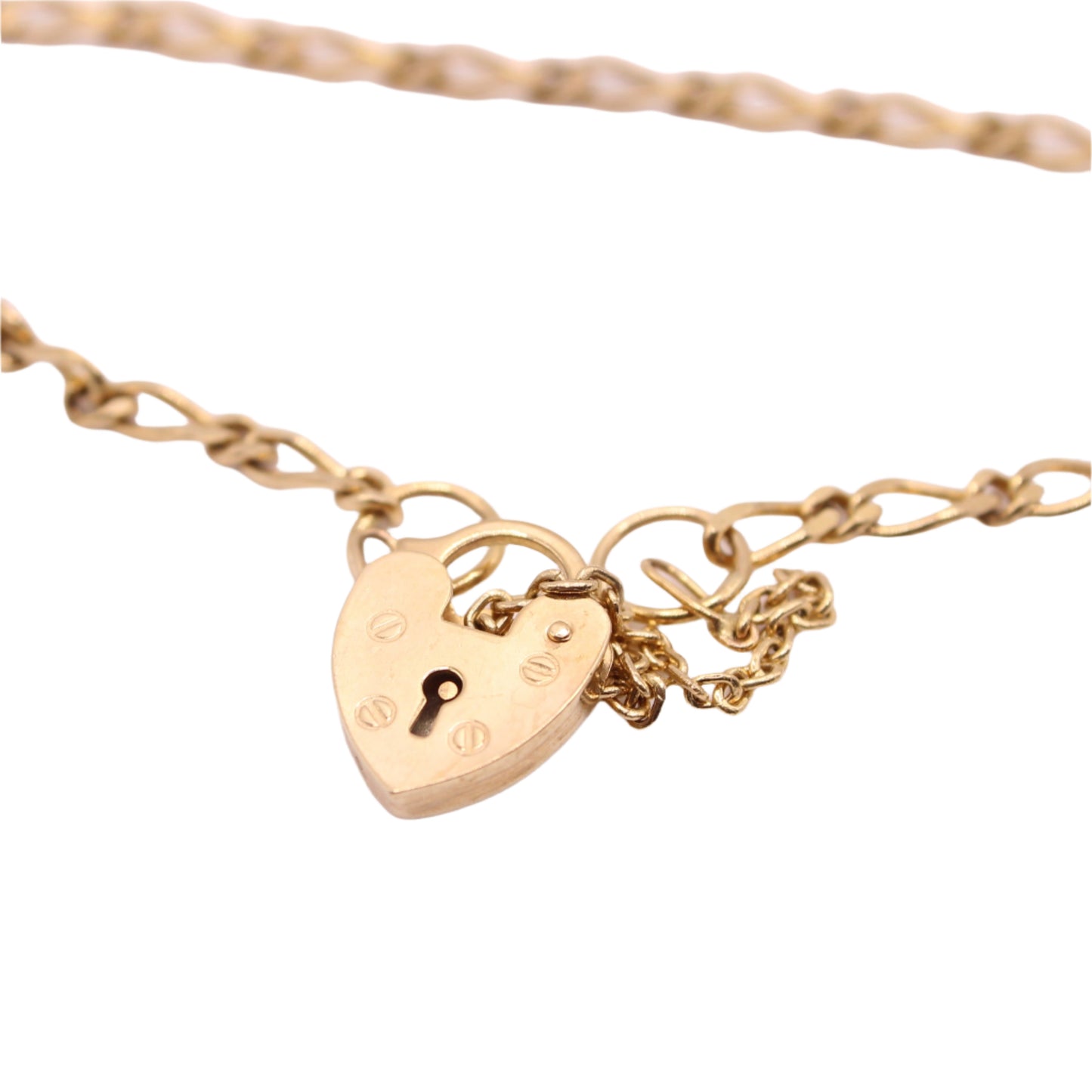 Vintage 9kt Yellow Gold English Figaro Etched Heart Locket Charm Bracelet