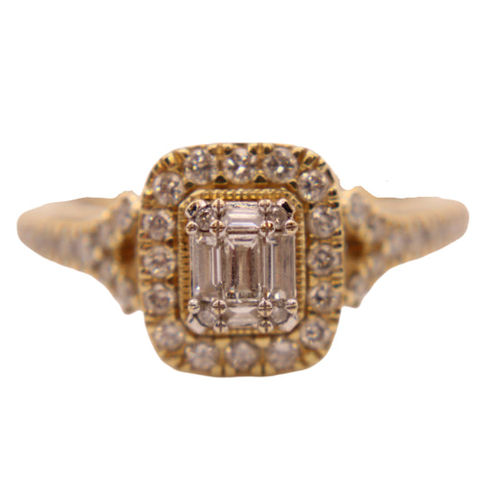 14kt Yellow Gold Diamond Round & Emerald Cut Midcentury Modern Engagement Ring